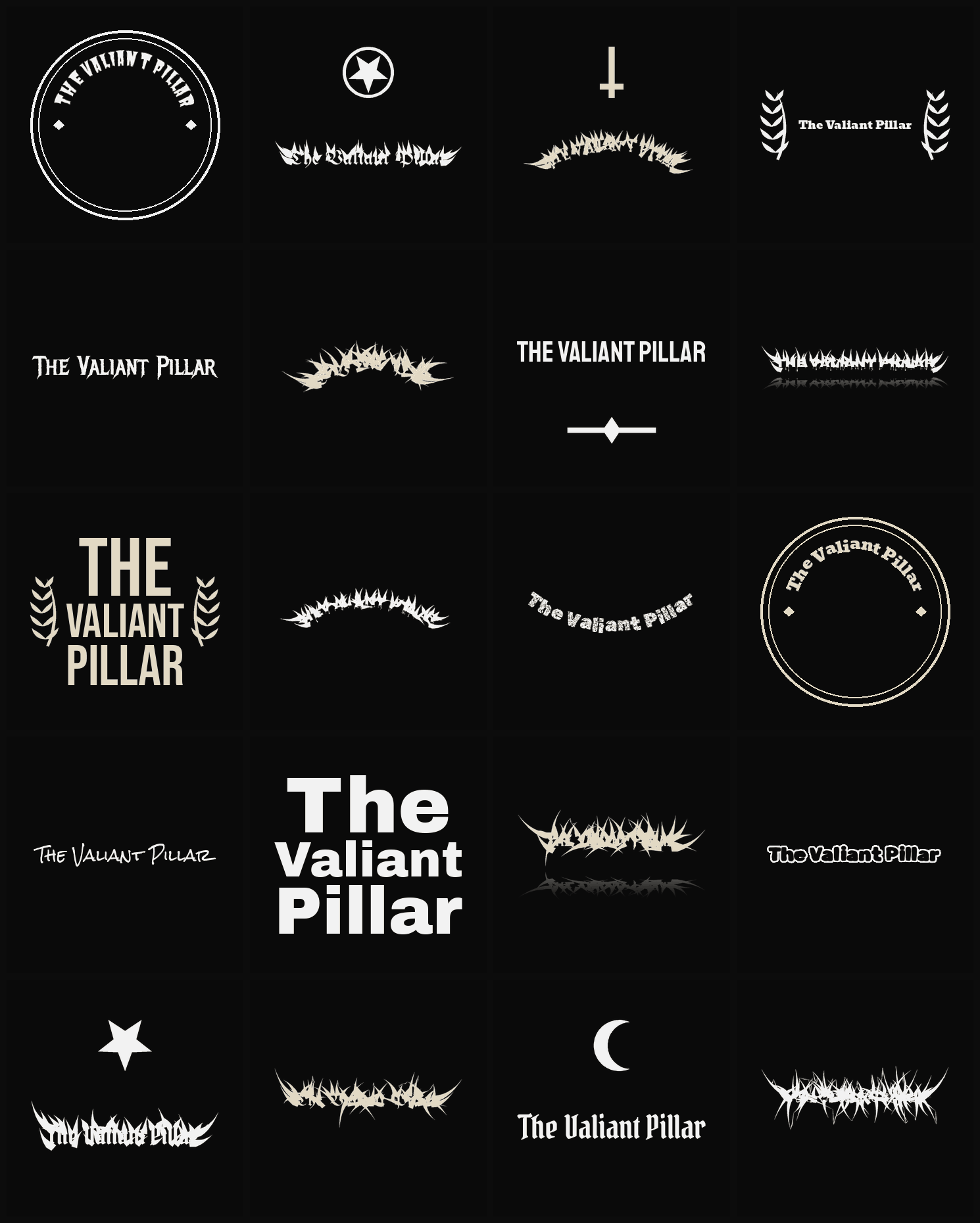 Twenty The Valiant Pillar band logo ideas — different faces, treatments and spike settings
