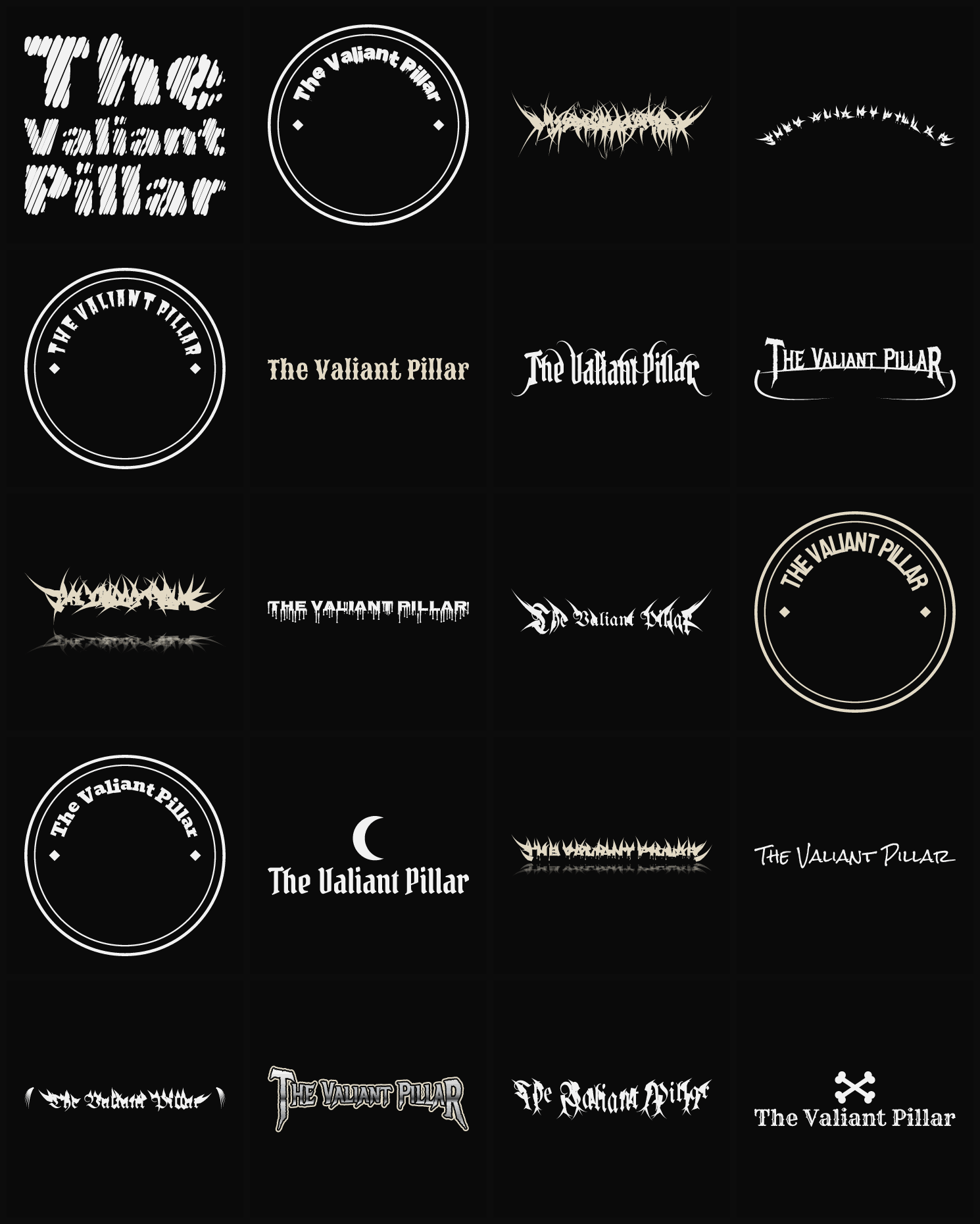 Twenty The Valiant Pillar band logo ideas — different faces, treatments and spike settings