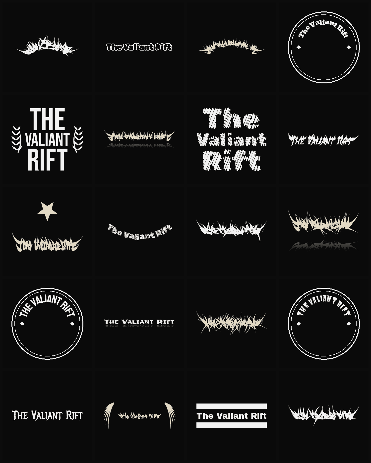 Twenty The Valiant Rift band logo ideas — different faces, treatments and spike settings
