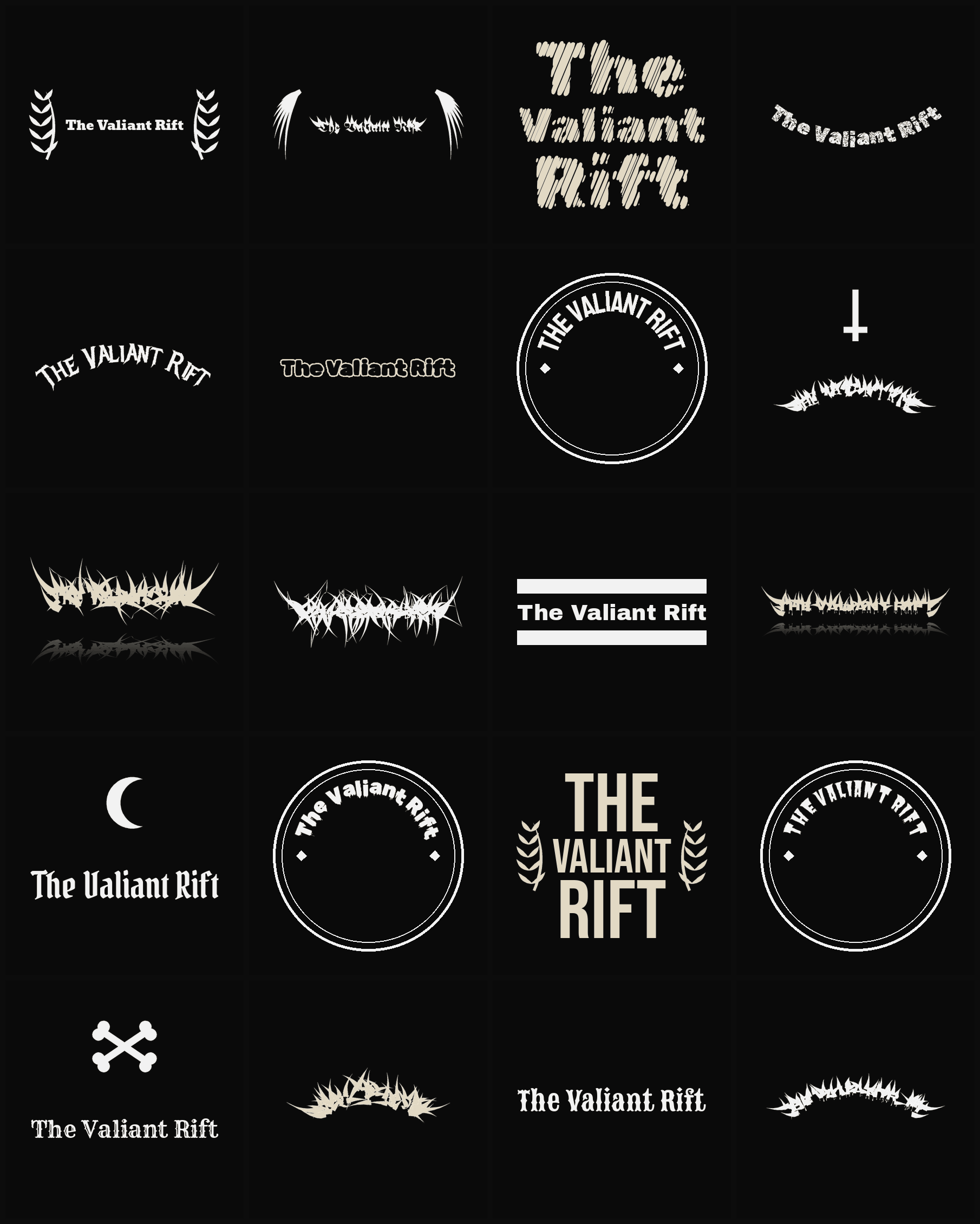 Twenty The Valiant Rift band logo ideas — different faces, treatments and spike settings