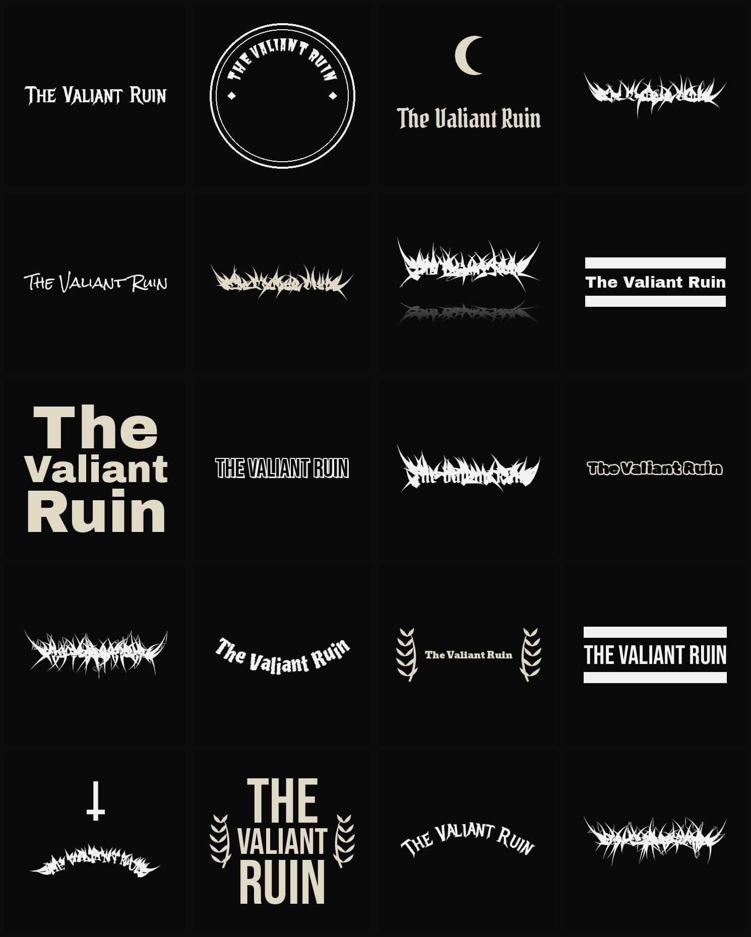 Twenty The Valiant Ruin band logo ideas — different faces, treatments and spike settings