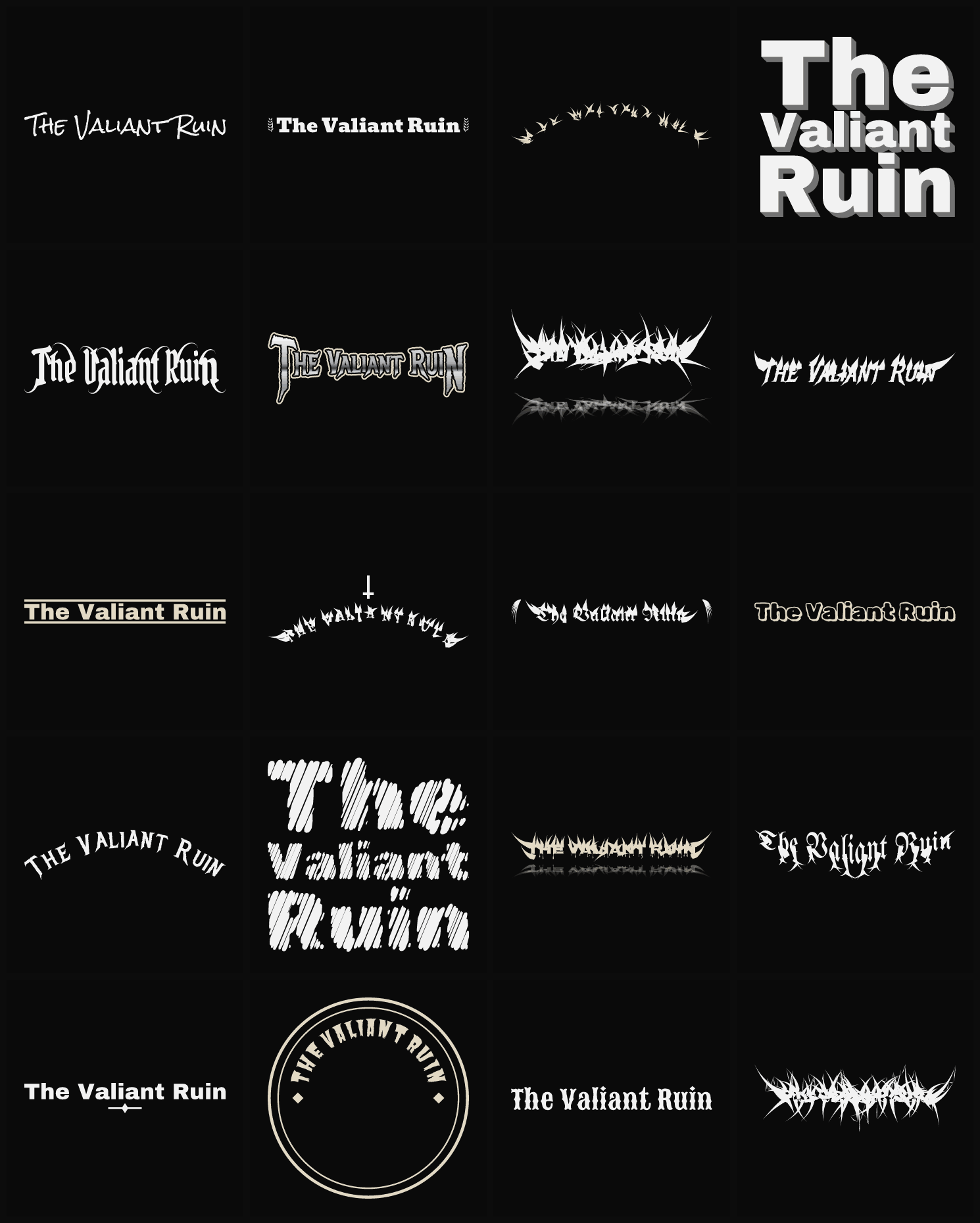 Twenty The Valiant Ruin band logo ideas — different faces, treatments and spike settings