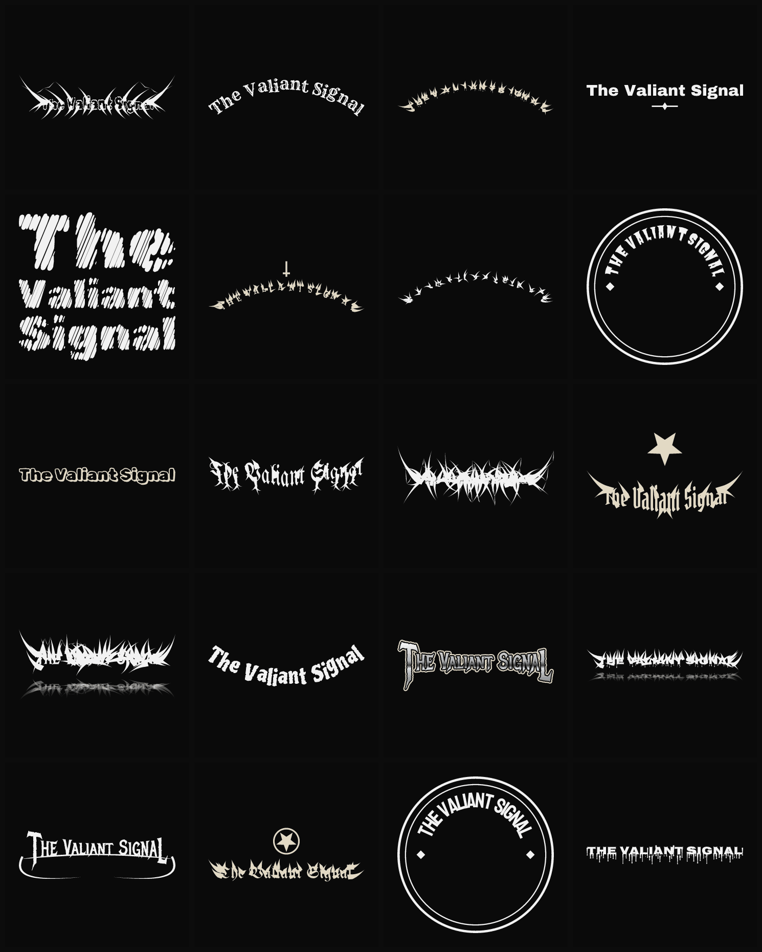 Twenty The Valiant Signal band logo ideas — different faces, treatments and spike settings