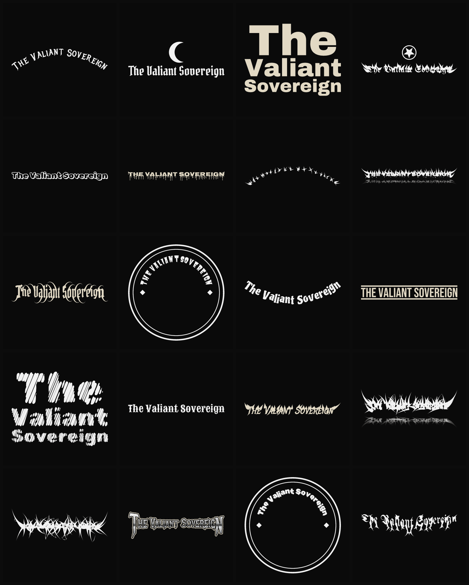 Twenty The Valiant Sovereign band logo ideas — different faces, treatments and spike settings