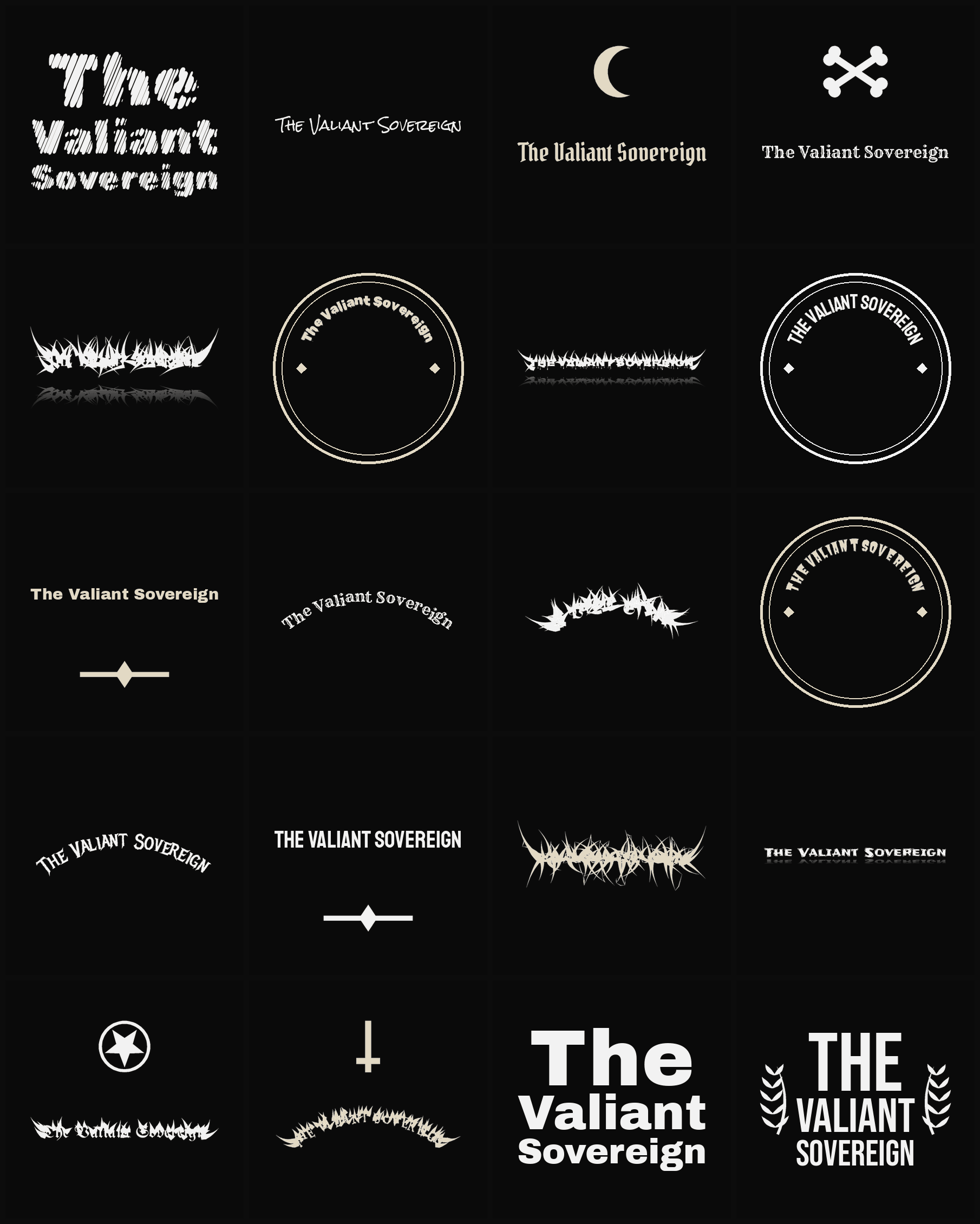 Twenty The Valiant Sovereign band logo ideas — different faces, treatments and spike settings
