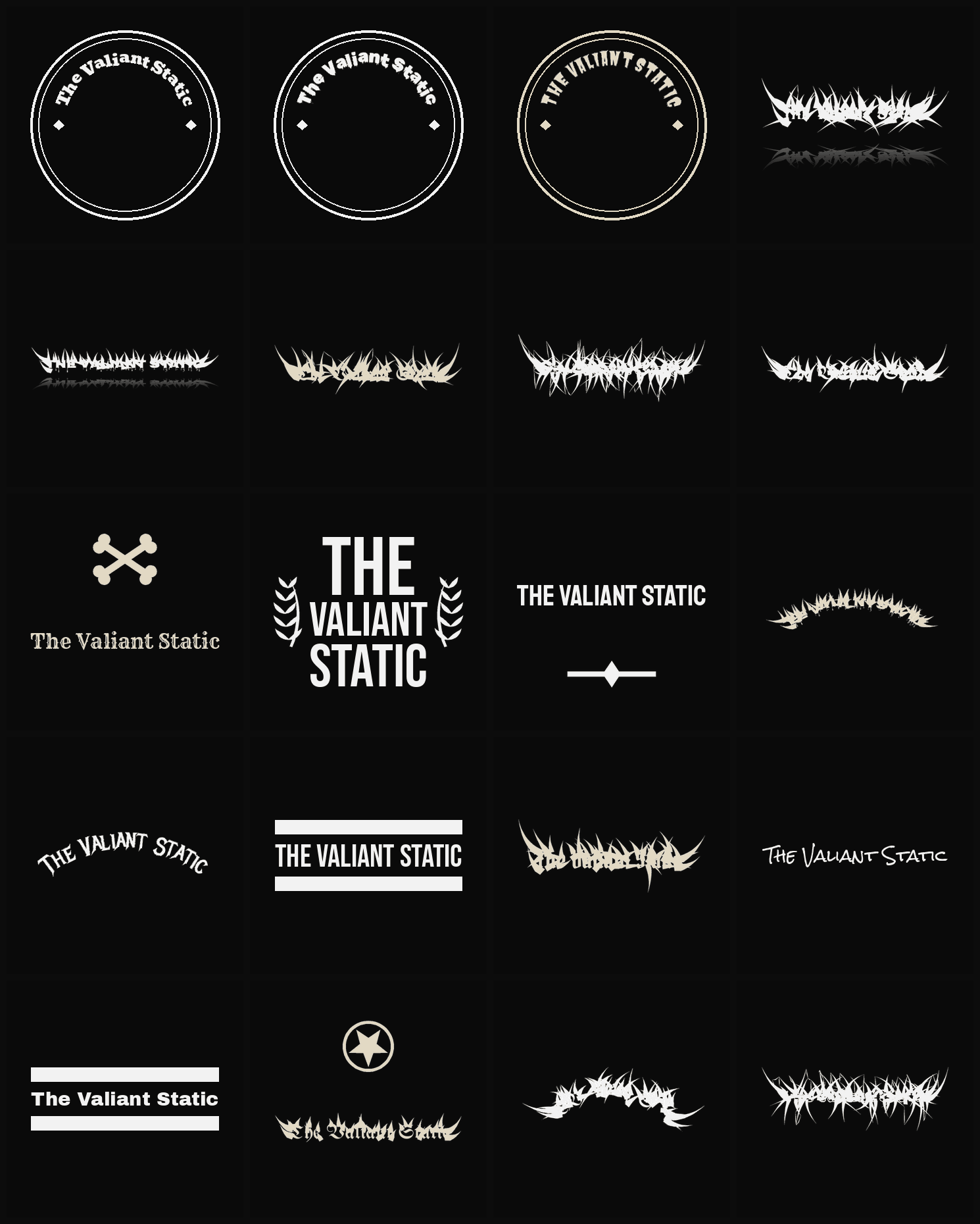 Twenty The Valiant Static band logo ideas — different faces, treatments and spike settings