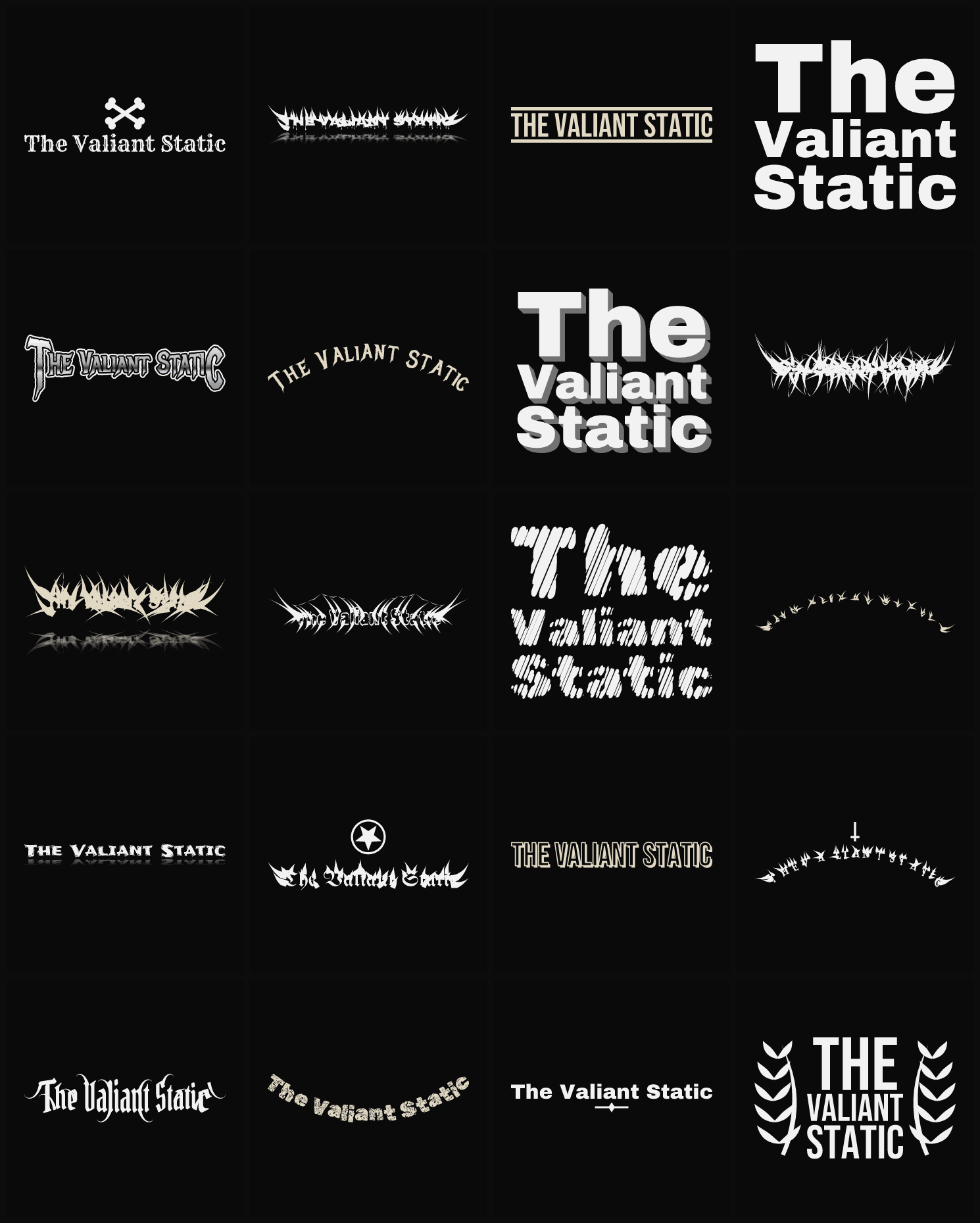Twenty The Valiant Static band logo ideas — different faces, treatments and spike settings