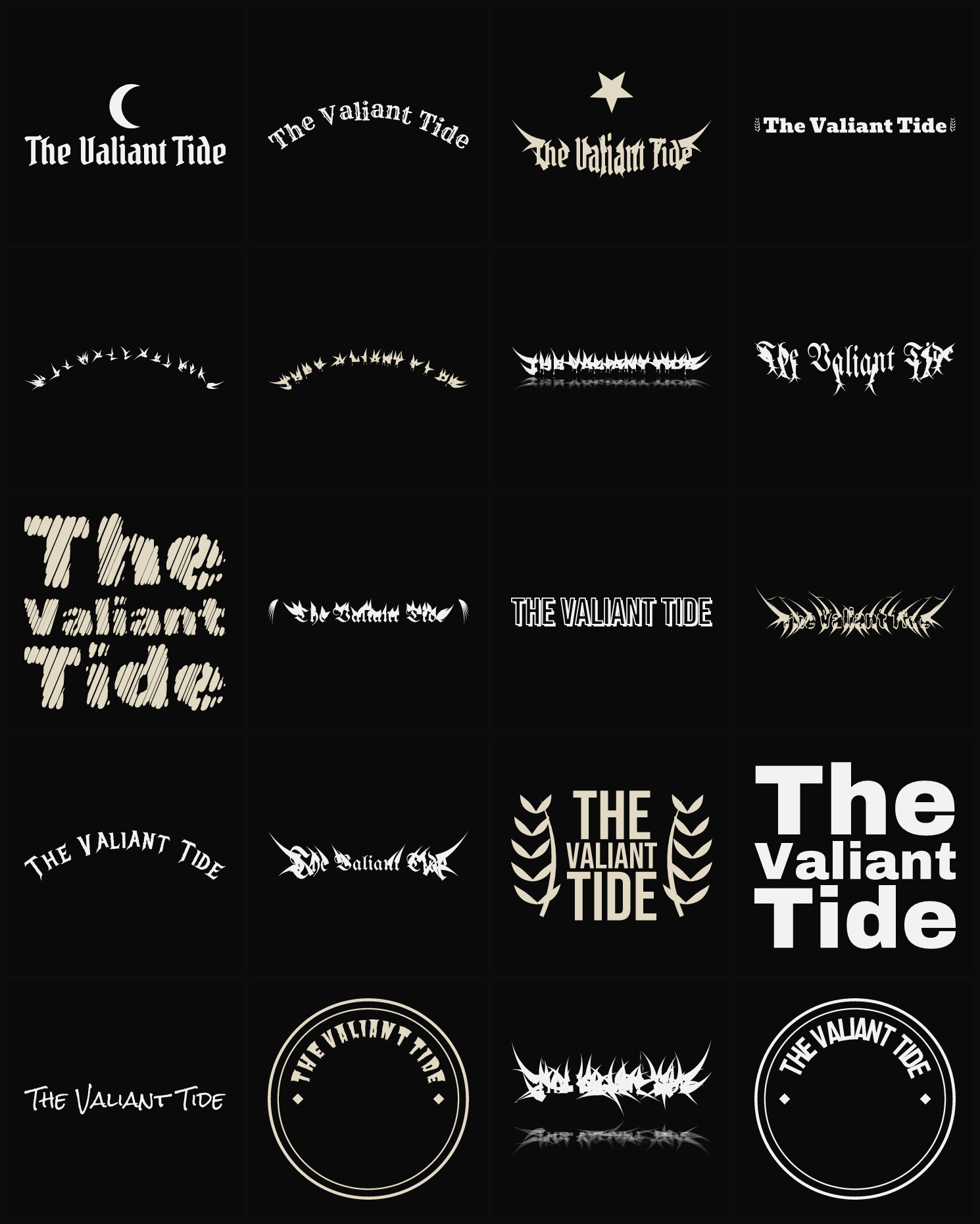 Twenty The Valiant Tide band logo ideas — different faces, treatments and spike settings