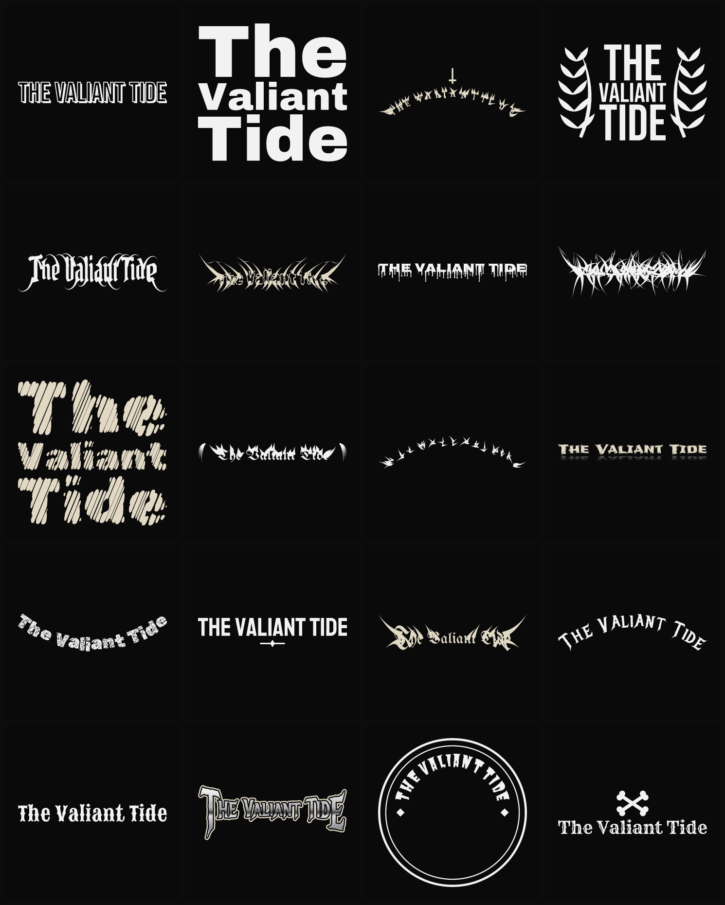 Twenty The Valiant Tide band logo ideas — different faces, treatments and spike settings