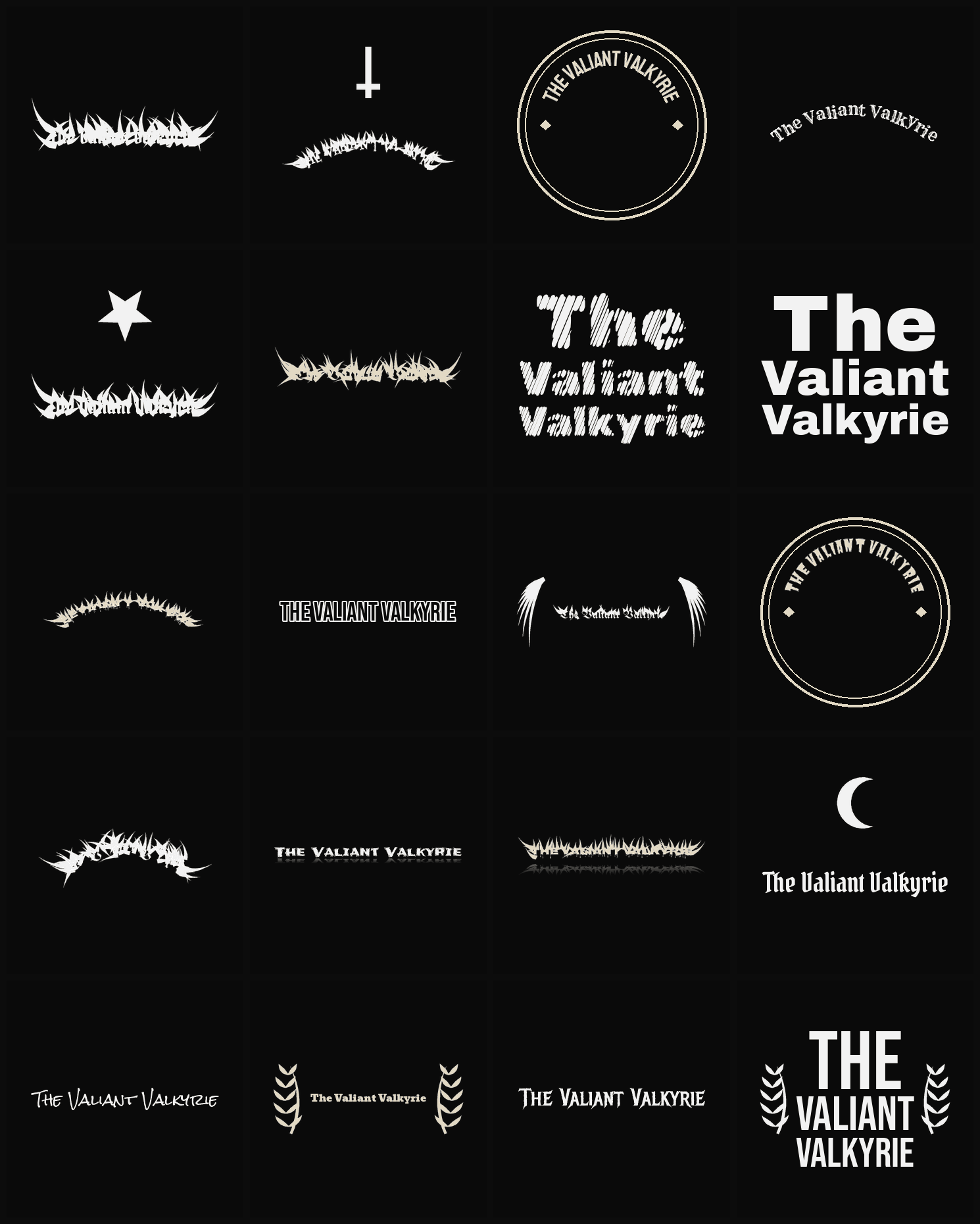 Twenty The Valiant Valkyrie band logo ideas — different faces, treatments and spike settings