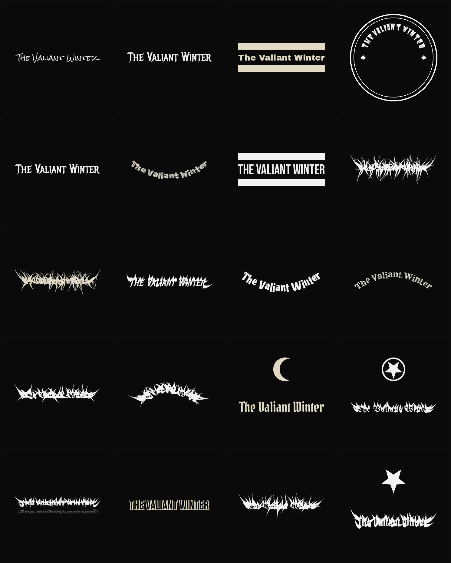 Twenty The Valiant Winter band logo ideas — different faces, treatments and spike settings