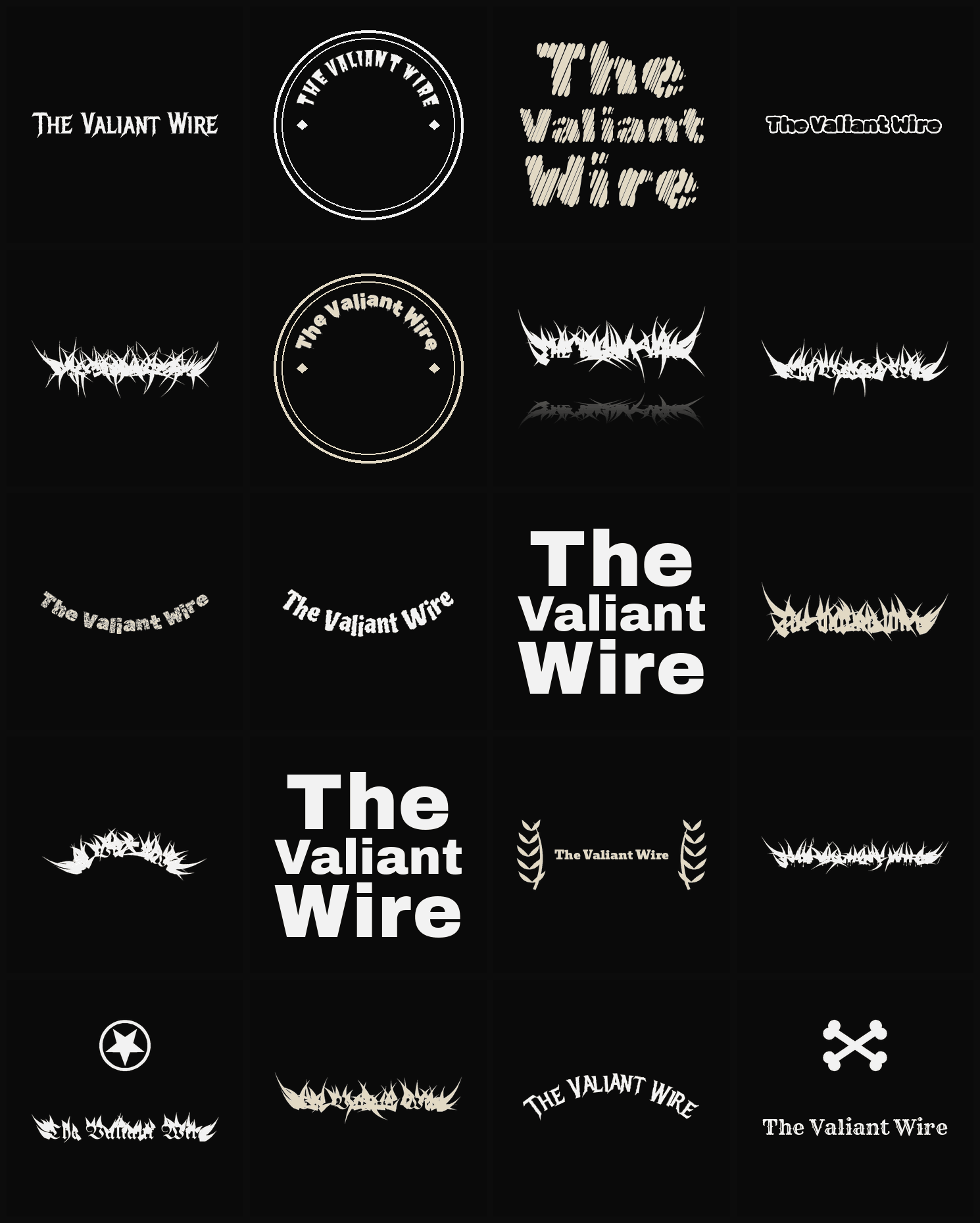 Twenty The Valiant Wire band logo ideas — different faces, treatments and spike settings