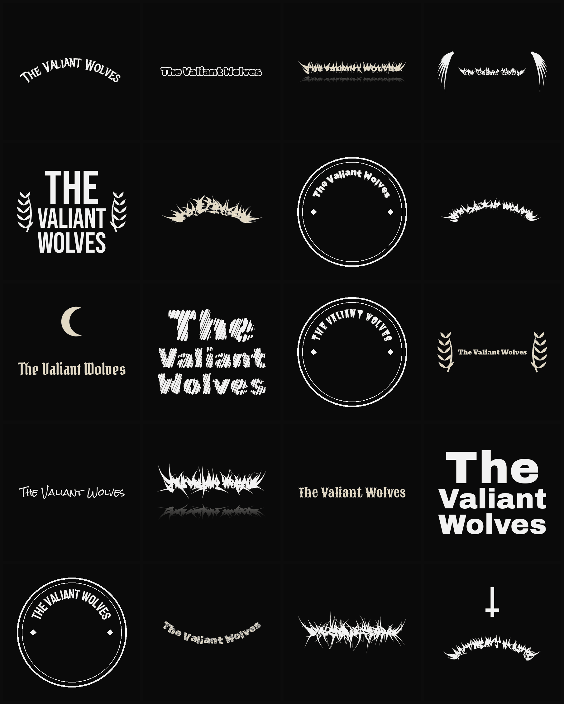 Twenty The Valiant Wolves band logo ideas — different faces, treatments and spike settings