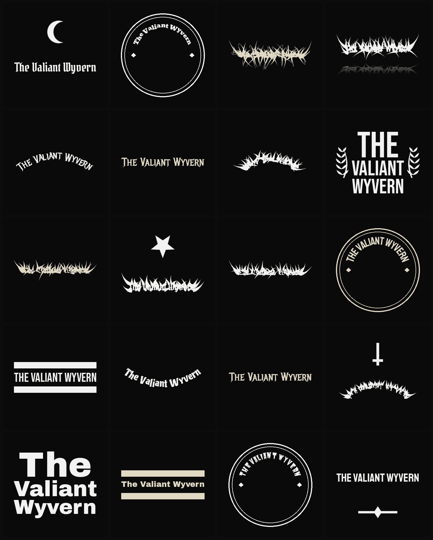 Twenty The Valiant Wyvern band logo ideas — different faces, treatments and spike settings