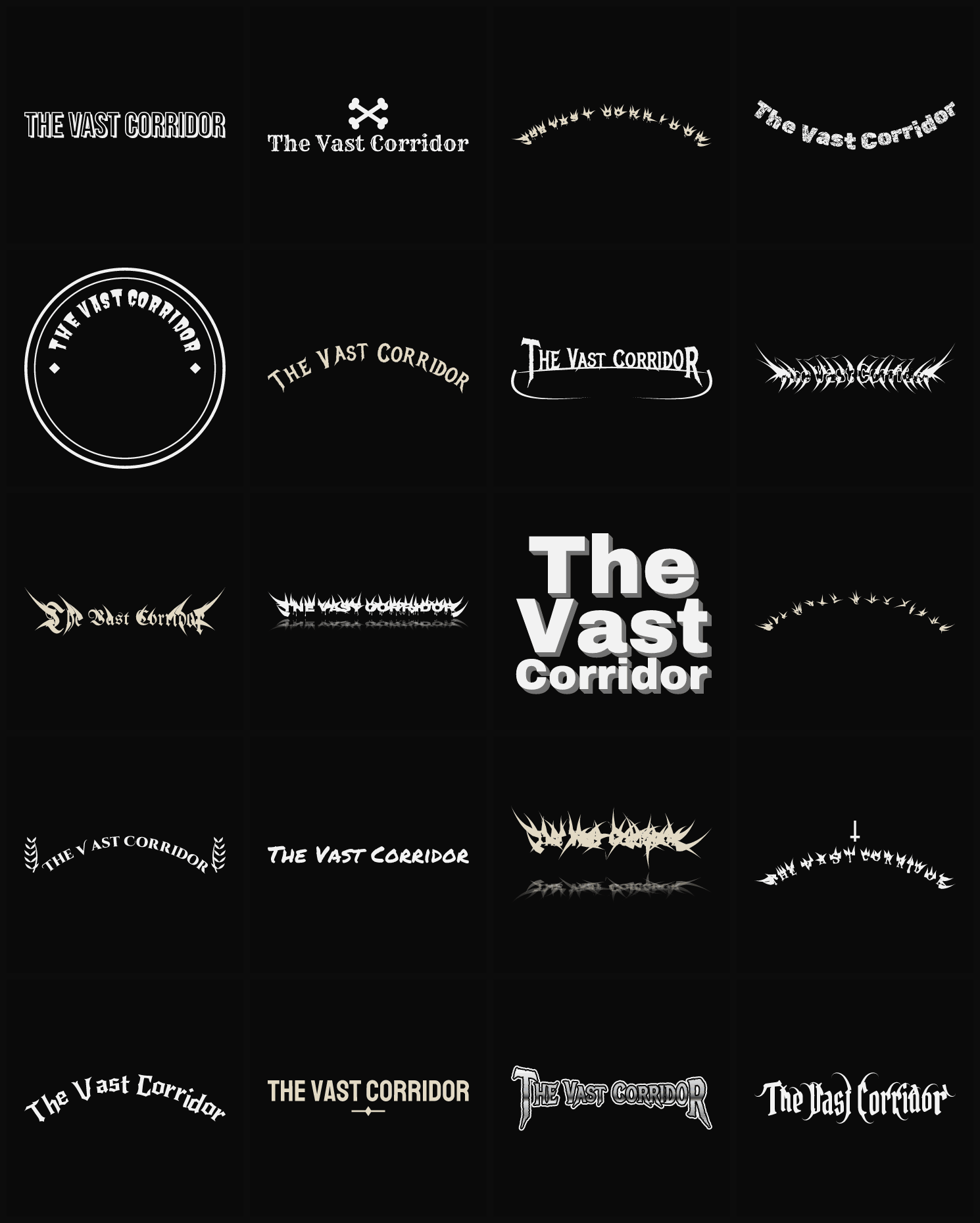 Twenty The Vast Corridor band logo ideas — different faces, treatments and spike settings
