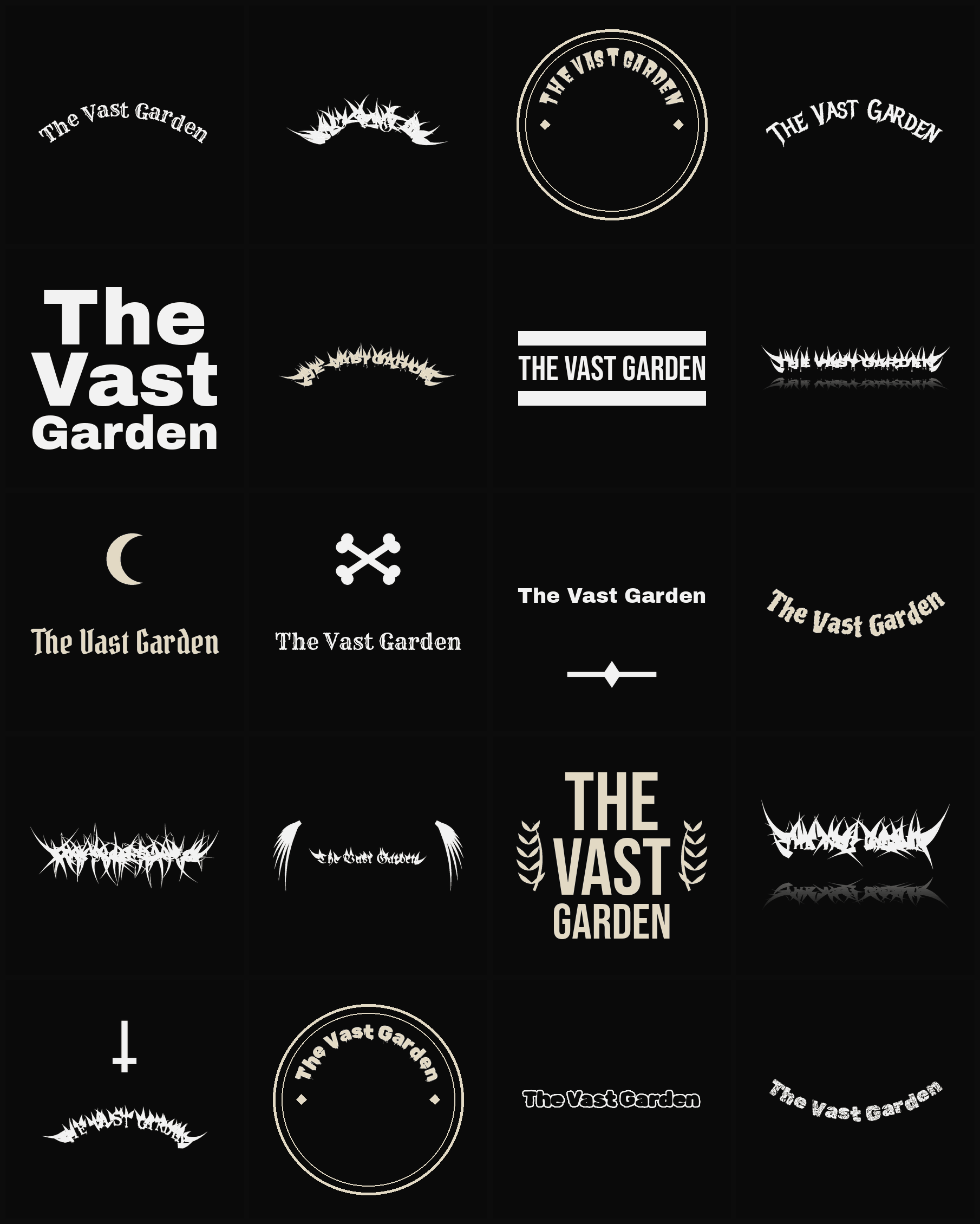 Twenty The Vast Garden band logo ideas — different faces, treatments and spike settings