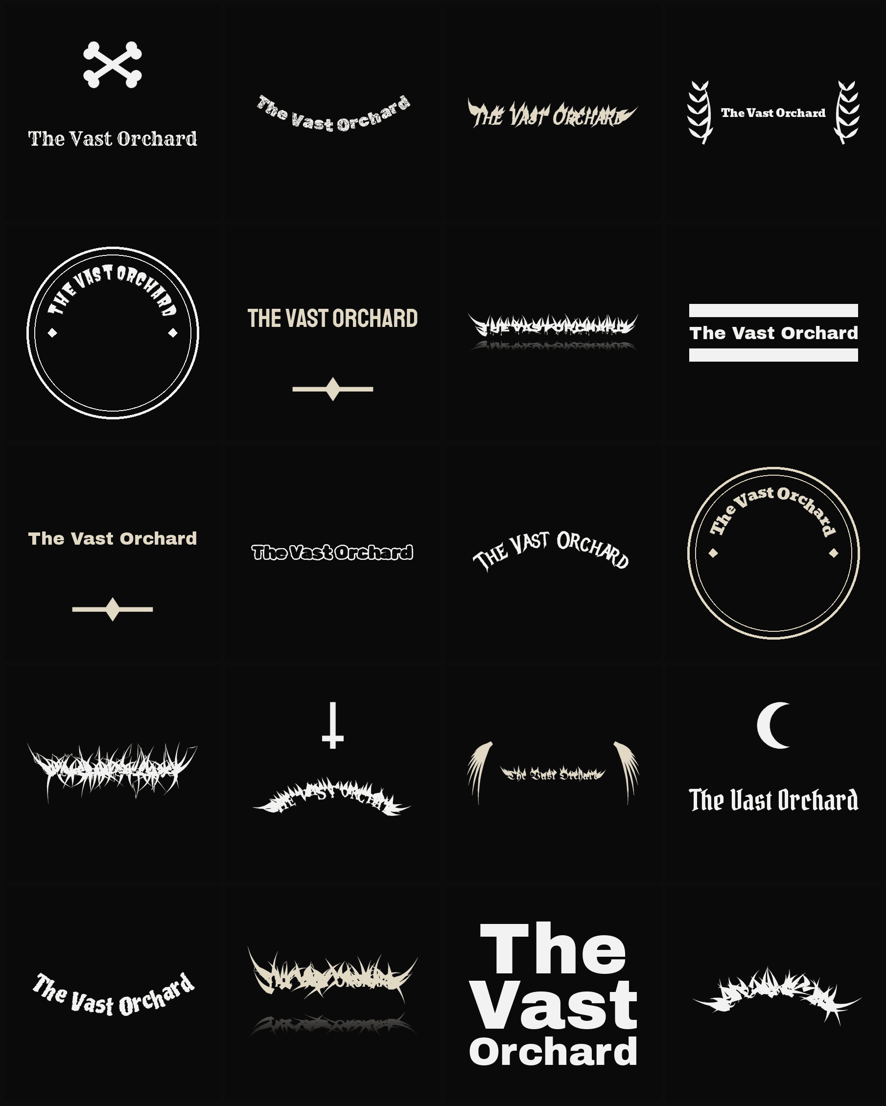 Twenty The Vast Orchard band logo ideas — different faces, treatments and spike settings