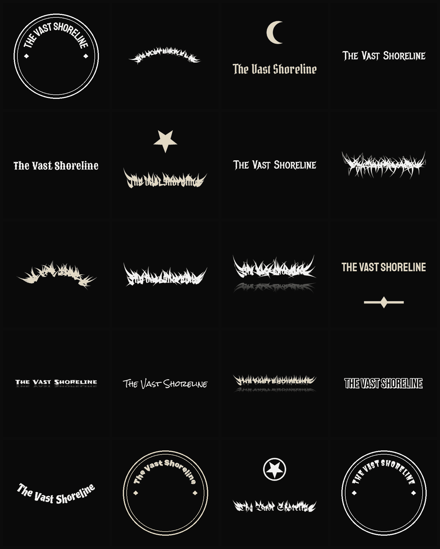 Twenty The Vast Shoreline band logo ideas — different faces, treatments and spike settings
