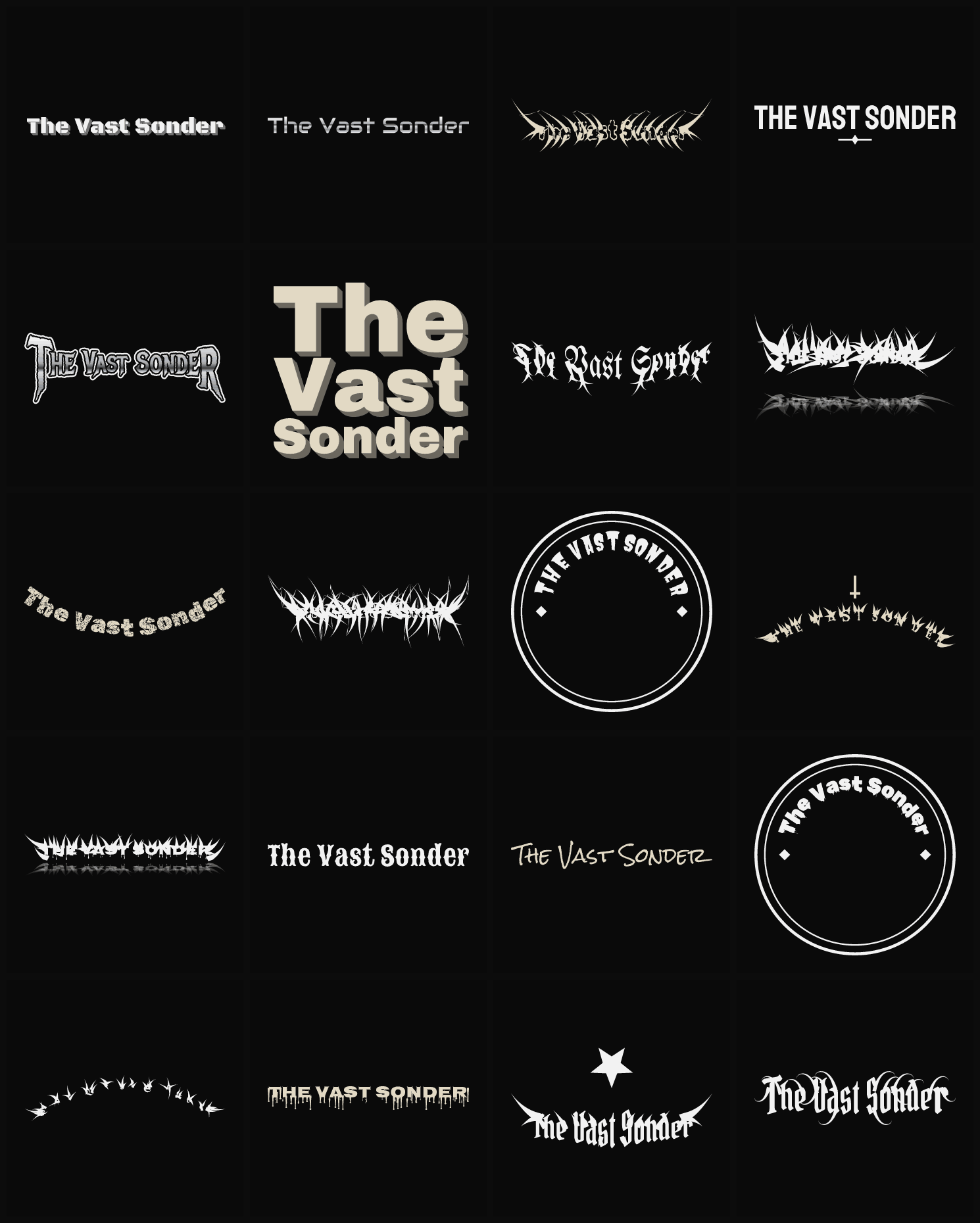 Twenty The Vast Sonder band logo ideas — different faces, treatments and spike settings
