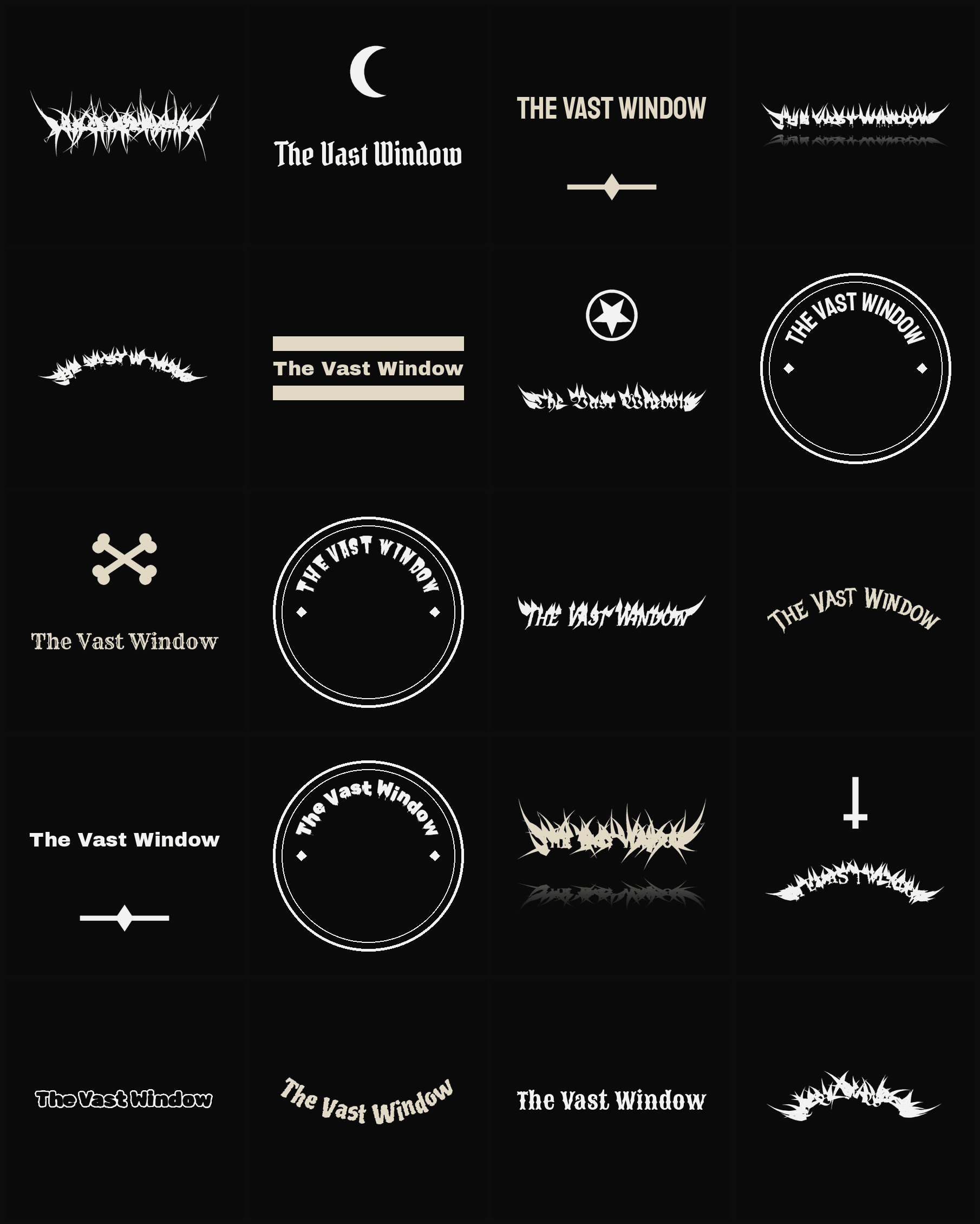 Twenty The Vast Window band logo ideas — different faces, treatments and spike settings
