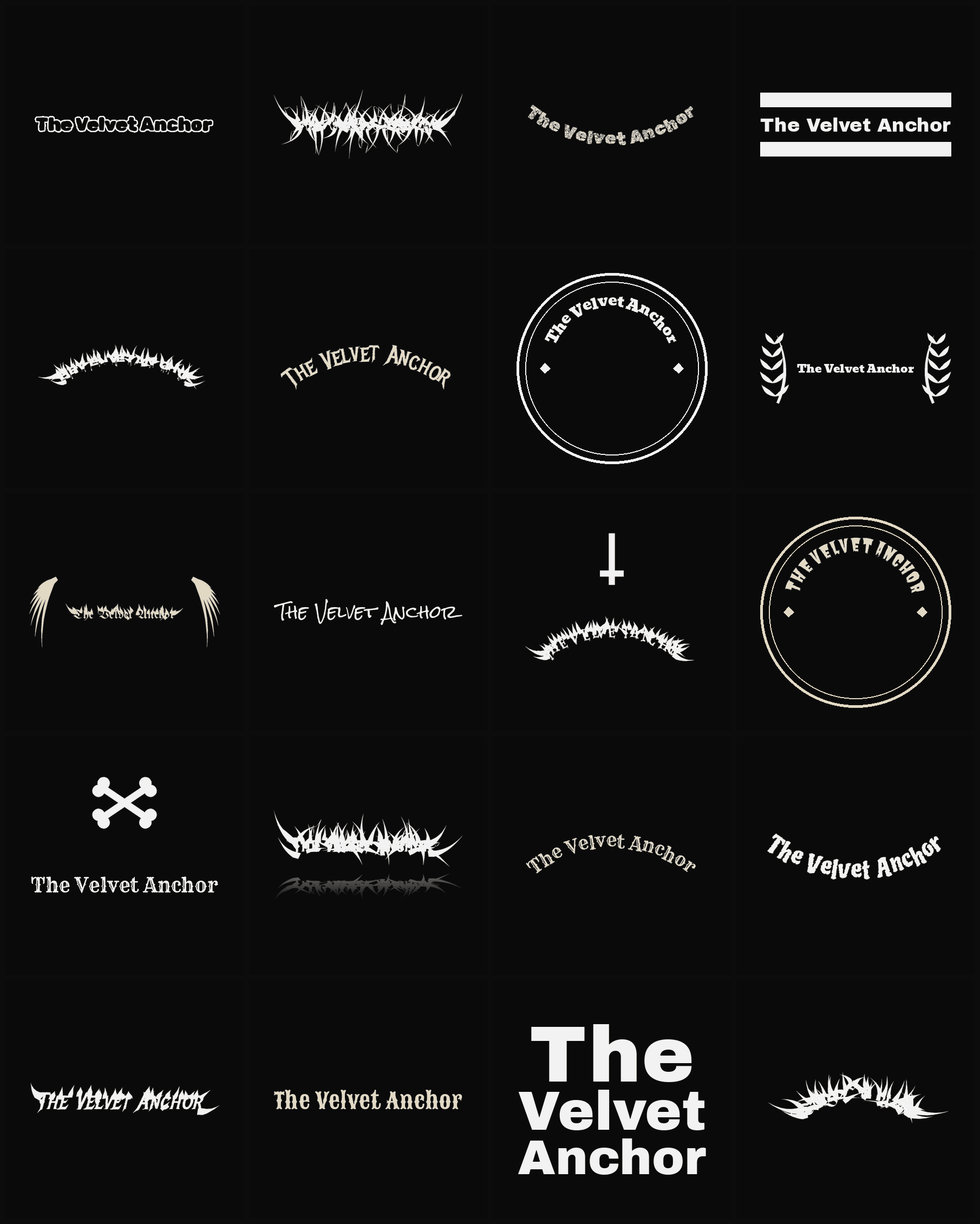 Twenty The Velvet Anchor band logo ideas — different faces, treatments and spike settings