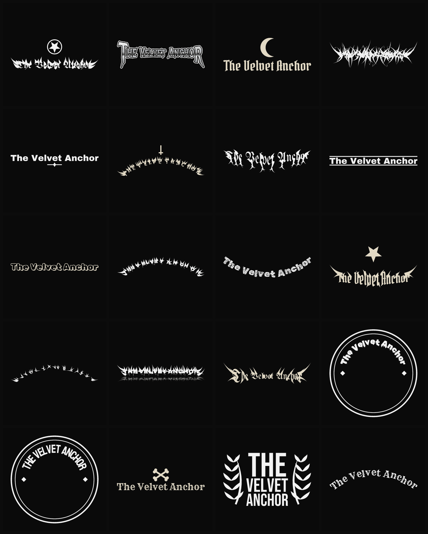 Twenty The Velvet Anchor band logo ideas — different faces, treatments and spike settings