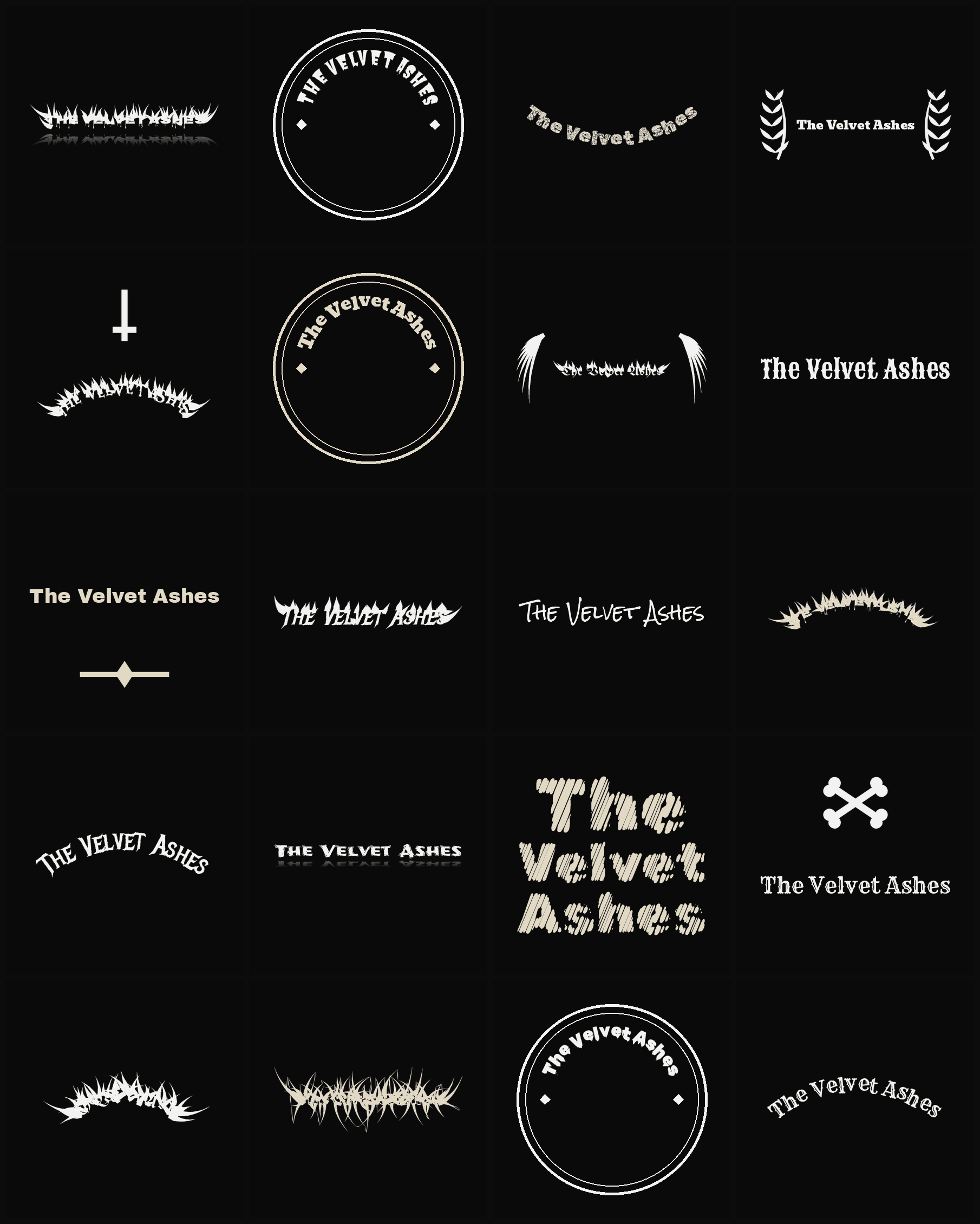 Twenty The Velvet Ashes band logo ideas — different faces, treatments and spike settings