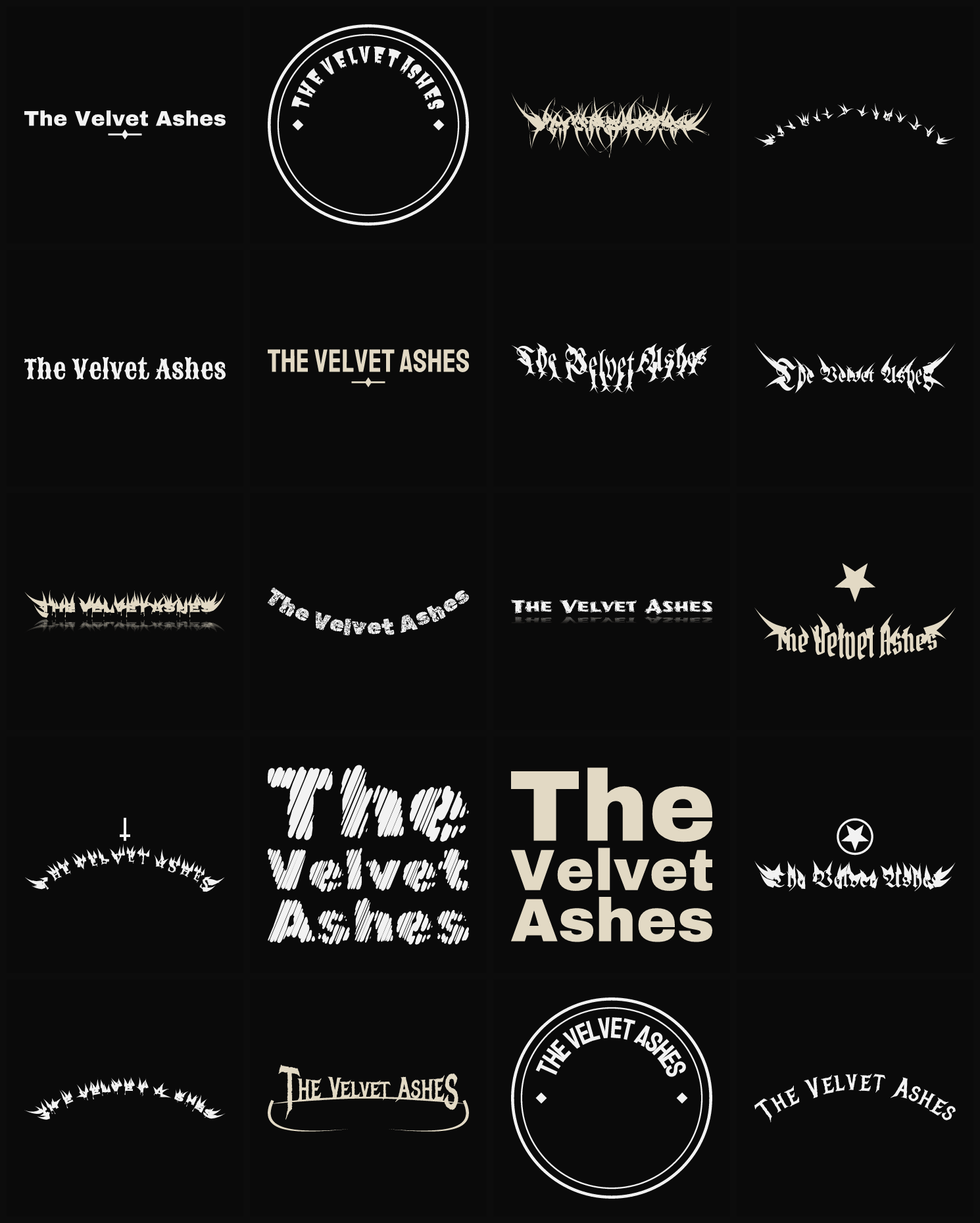 Twenty The Velvet Ashes band logo ideas — different faces, treatments and spike settings