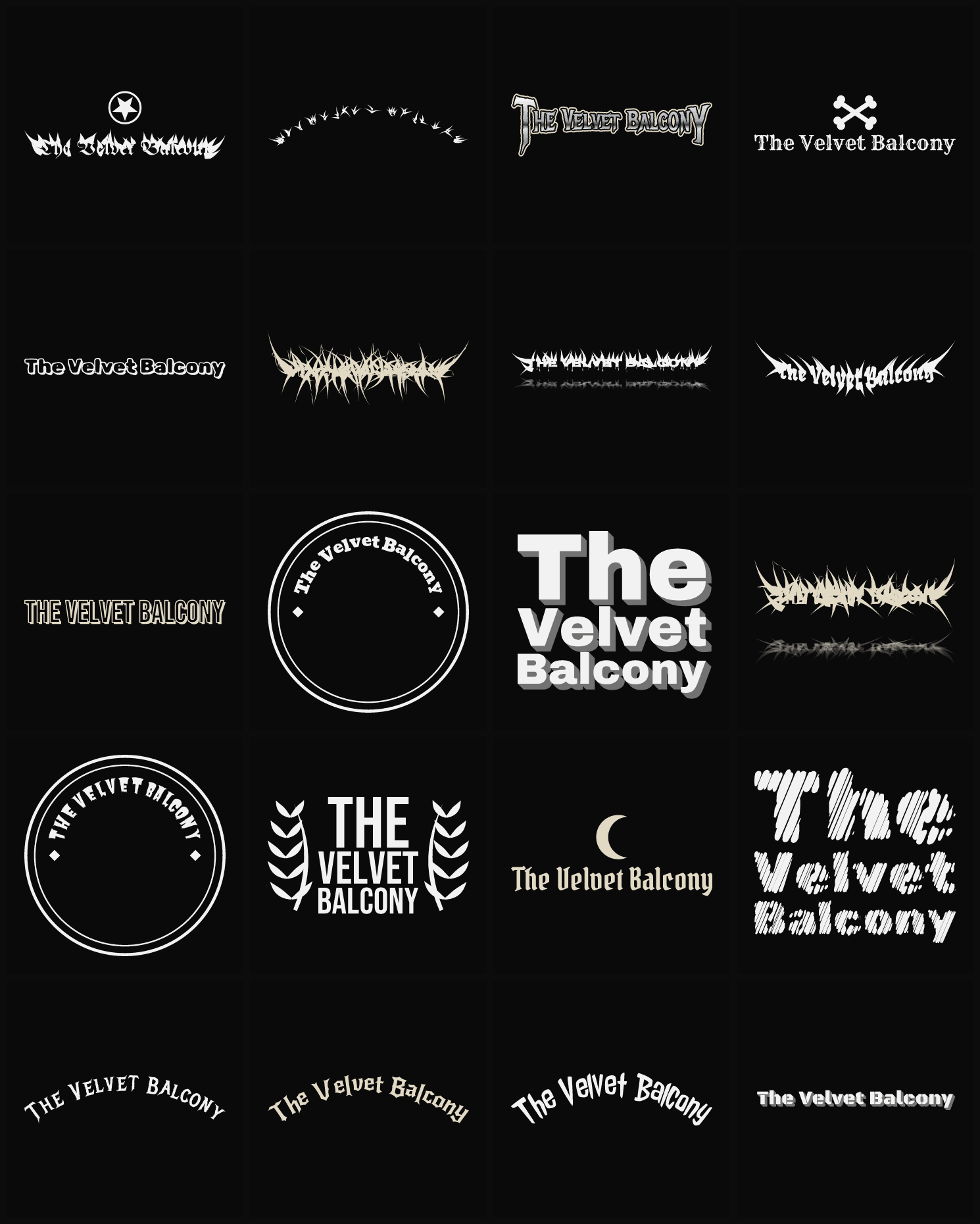 Twenty The Velvet Balcony band logo ideas — different faces, treatments and spike settings