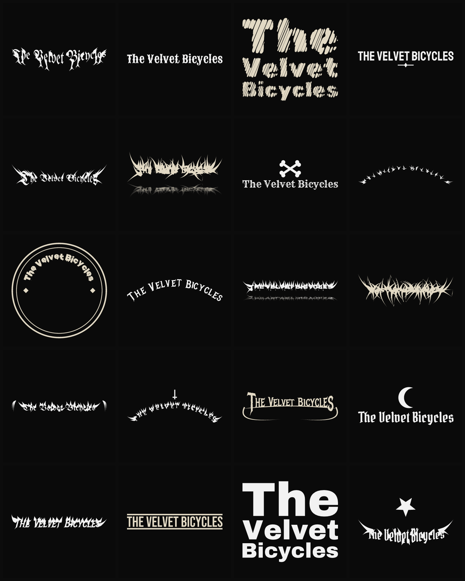 Twenty The Velvet Bicycles band logo ideas — different faces, treatments and spike settings