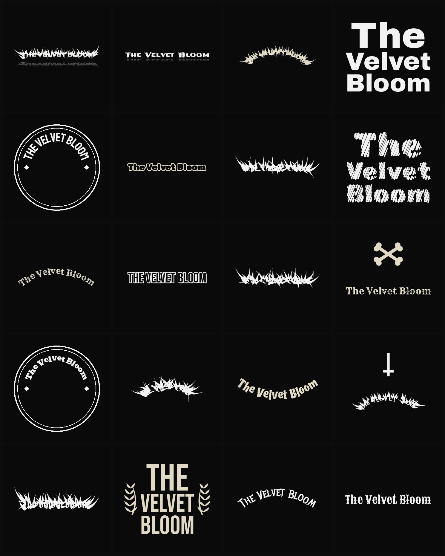 Twenty The Velvet Bloom band logo ideas — different faces, treatments and spike settings