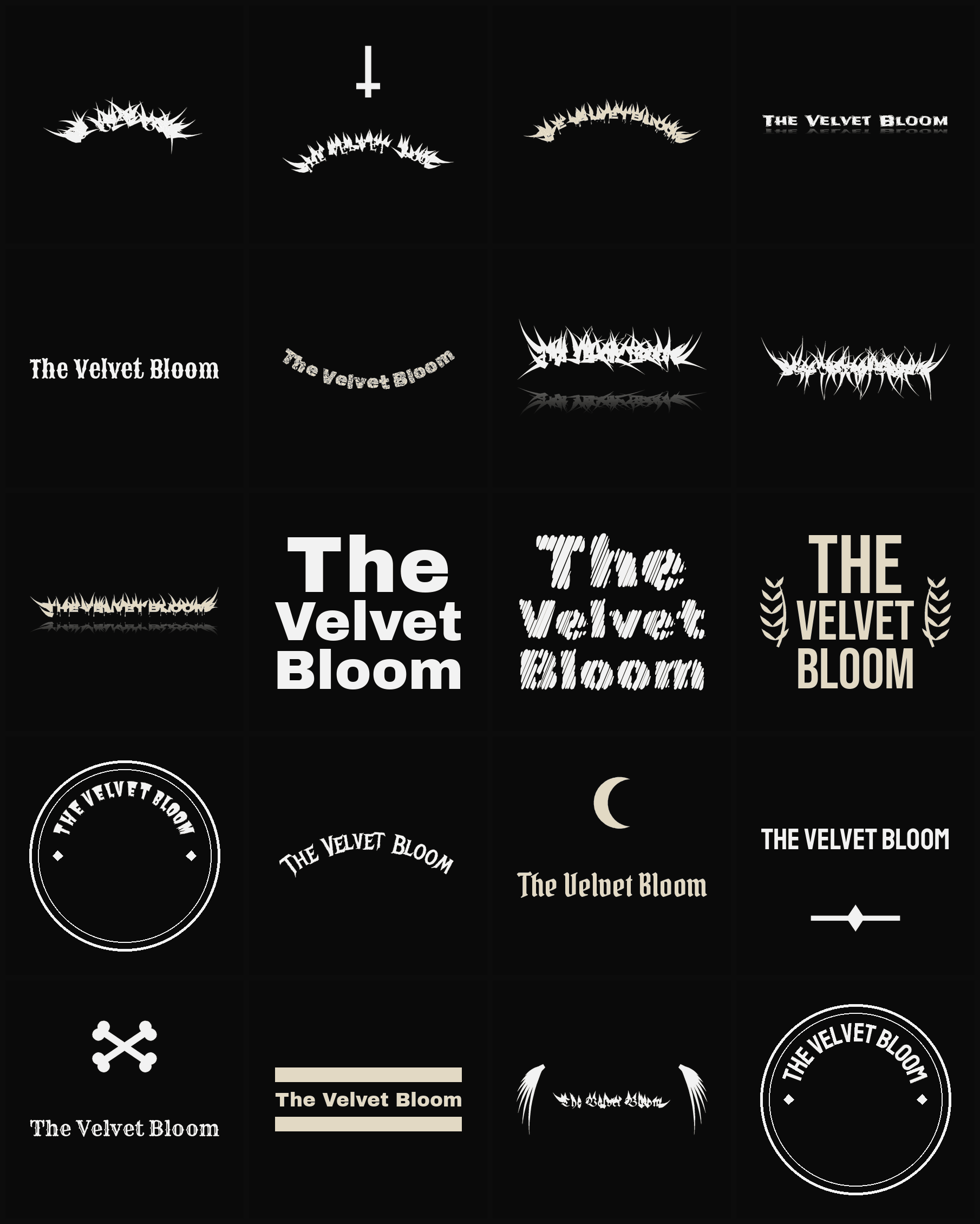 Twenty The Velvet Bloom band logo ideas — different faces, treatments and spike settings