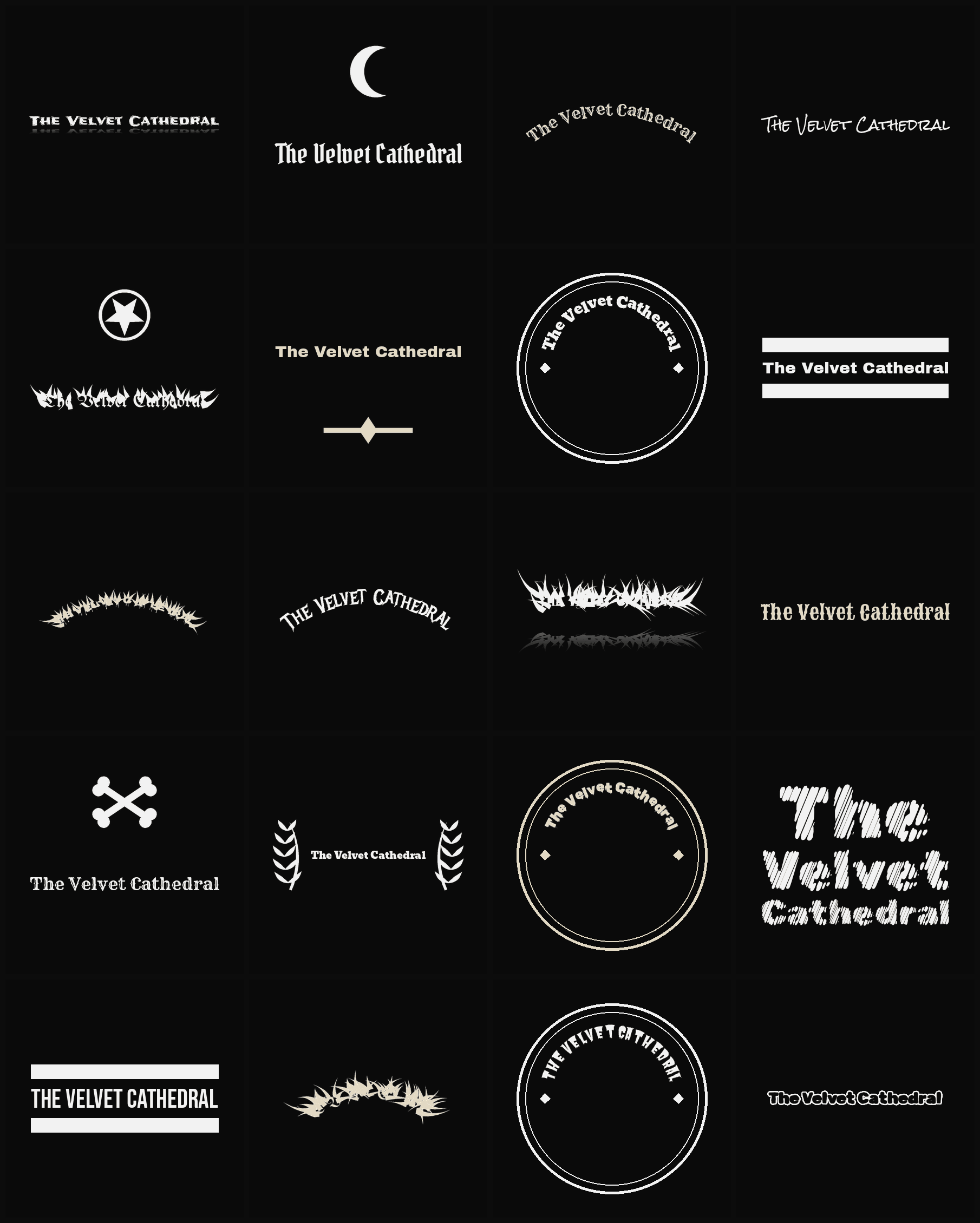 Twenty The Velvet Cathedral band logo ideas — different faces, treatments and spike settings