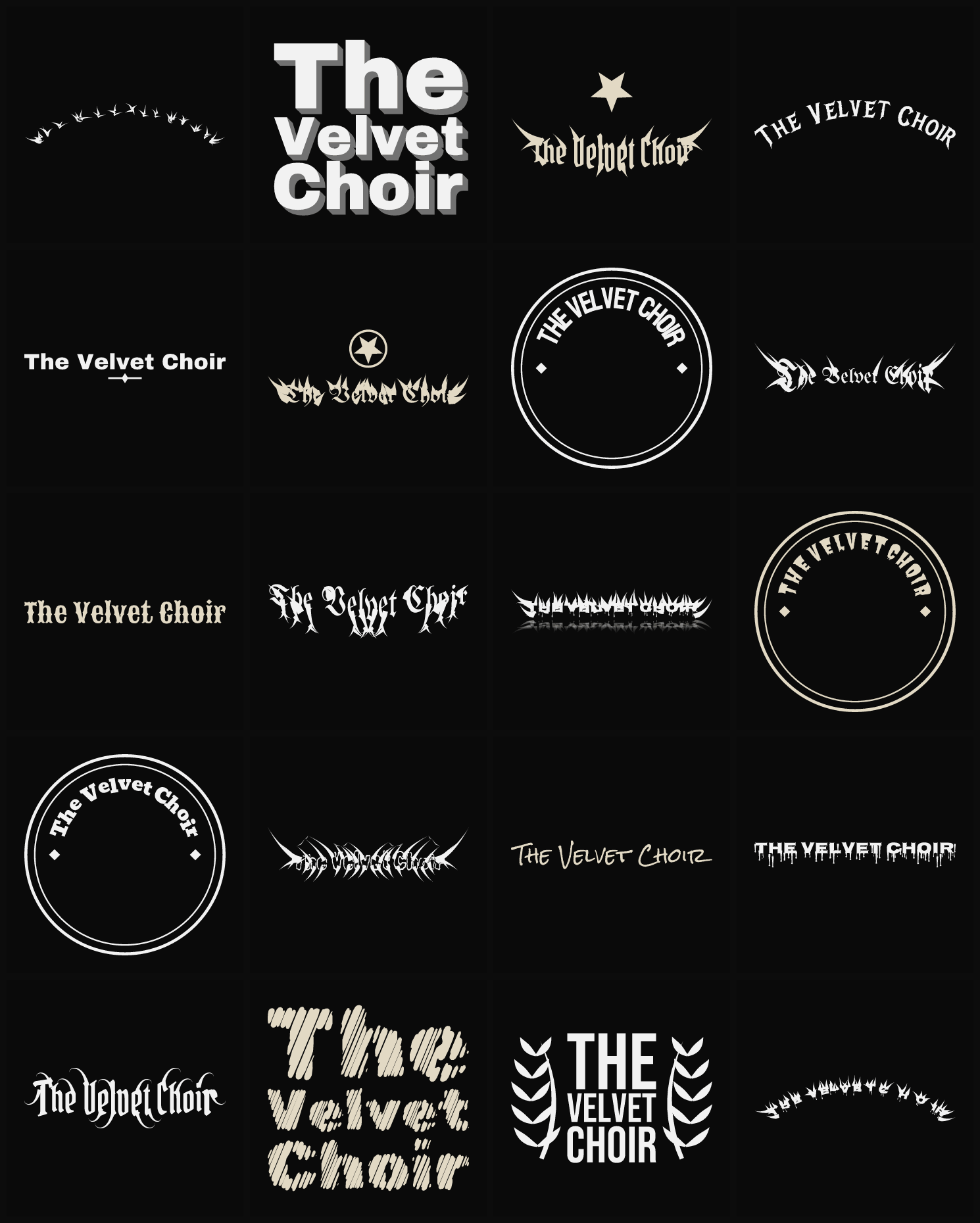 Twenty The Velvet Choir band logo ideas — different faces, treatments and spike settings