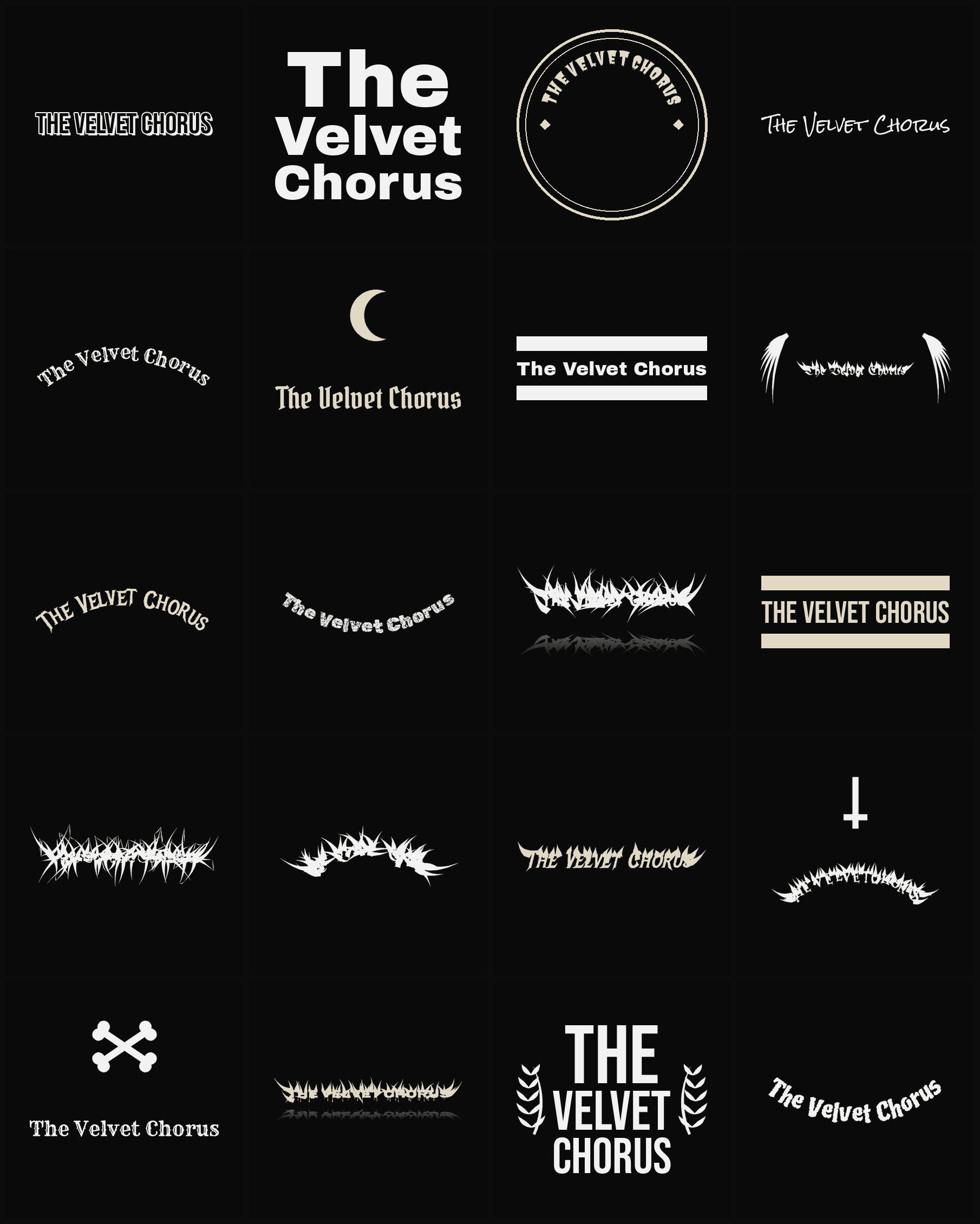 Twenty The Velvet Chorus band logo ideas — different faces, treatments and spike settings