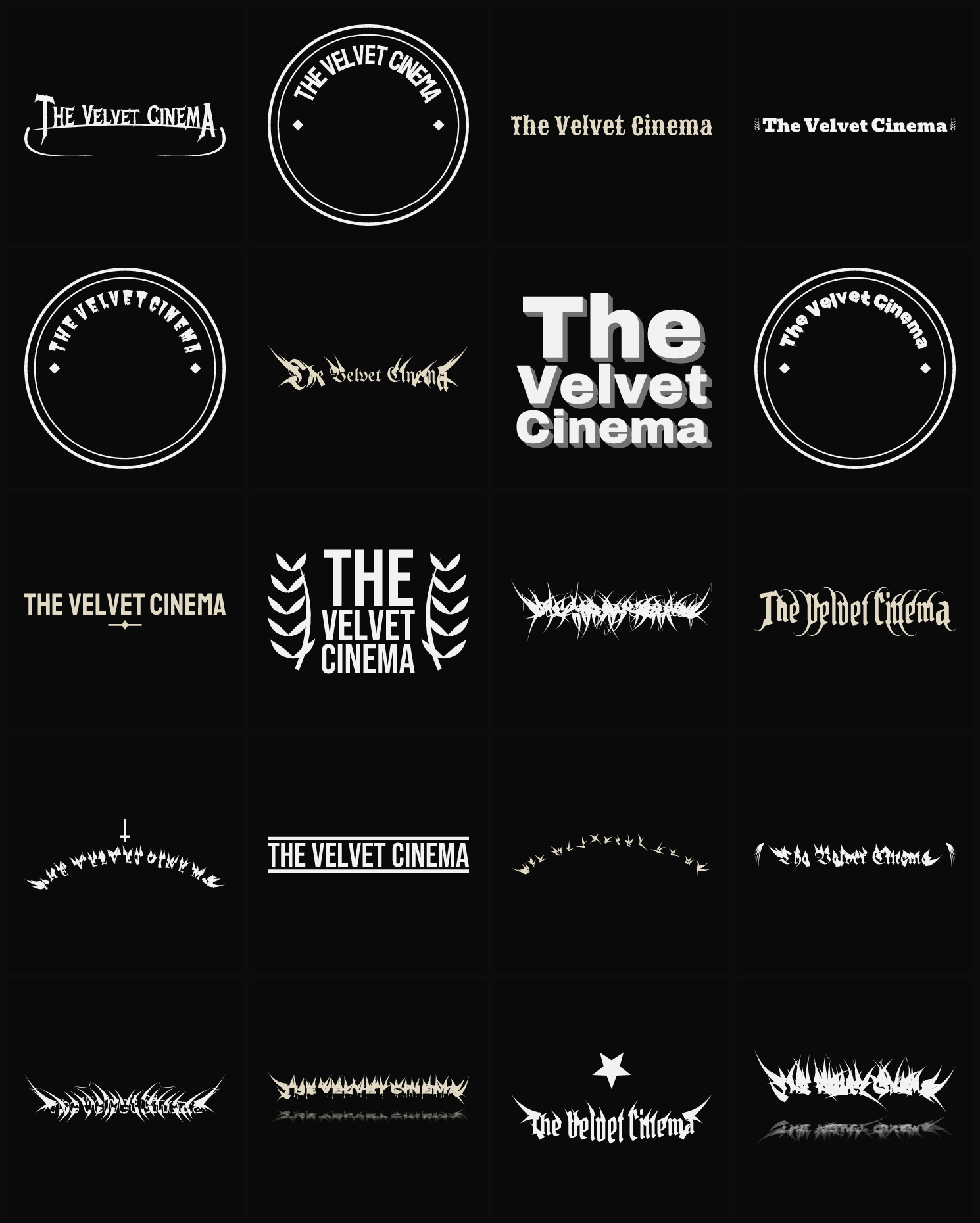Twenty The Velvet Cinema band logo ideas — different faces, treatments and spike settings