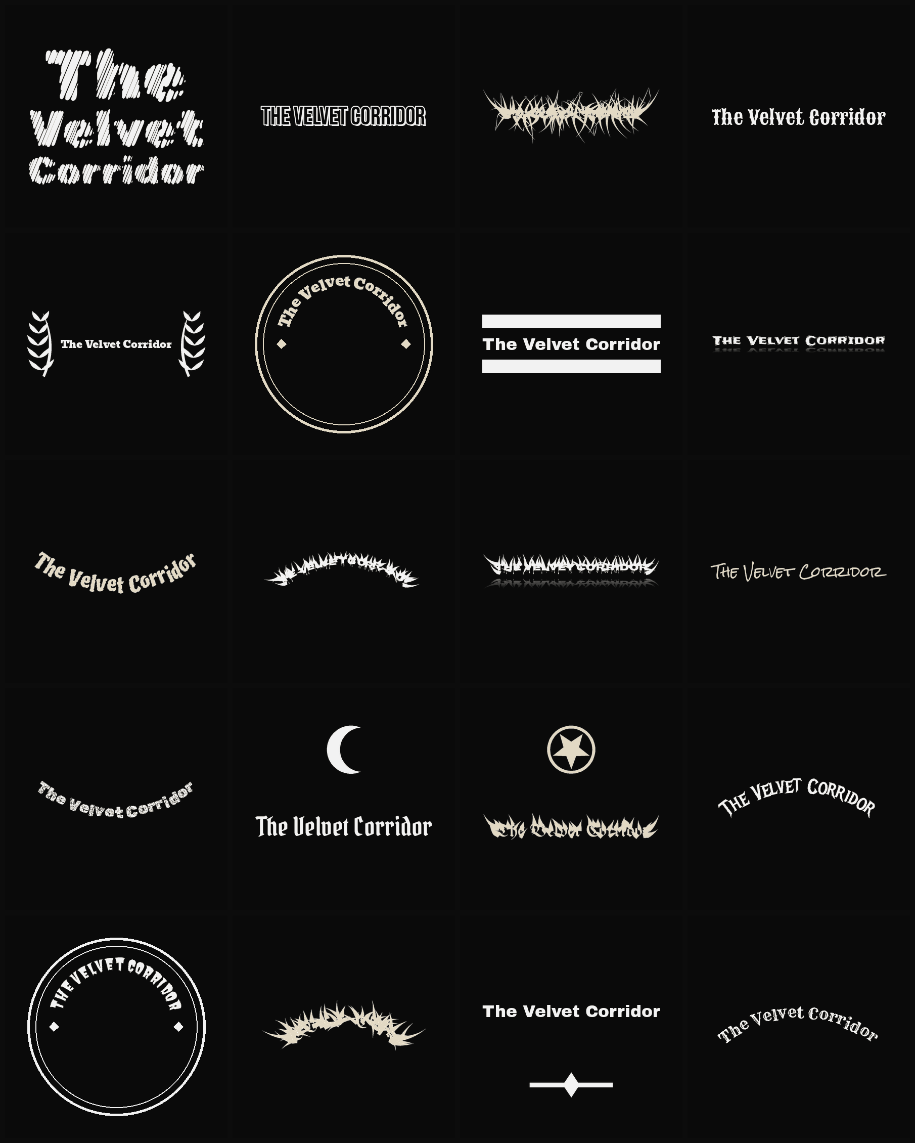 Twenty The Velvet Corridor band logo ideas — different faces, treatments and spike settings