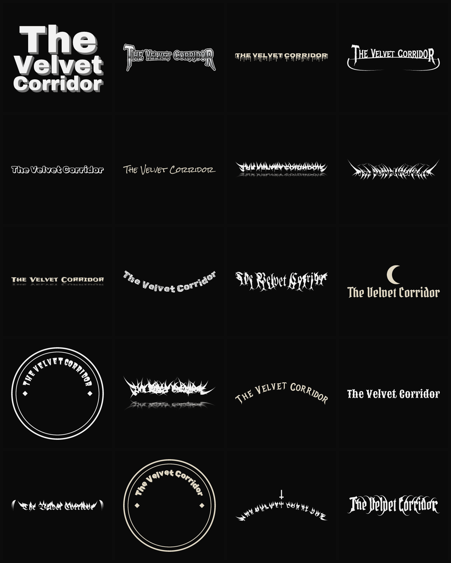 Twenty The Velvet Corridor band logo ideas — different faces, treatments and spike settings