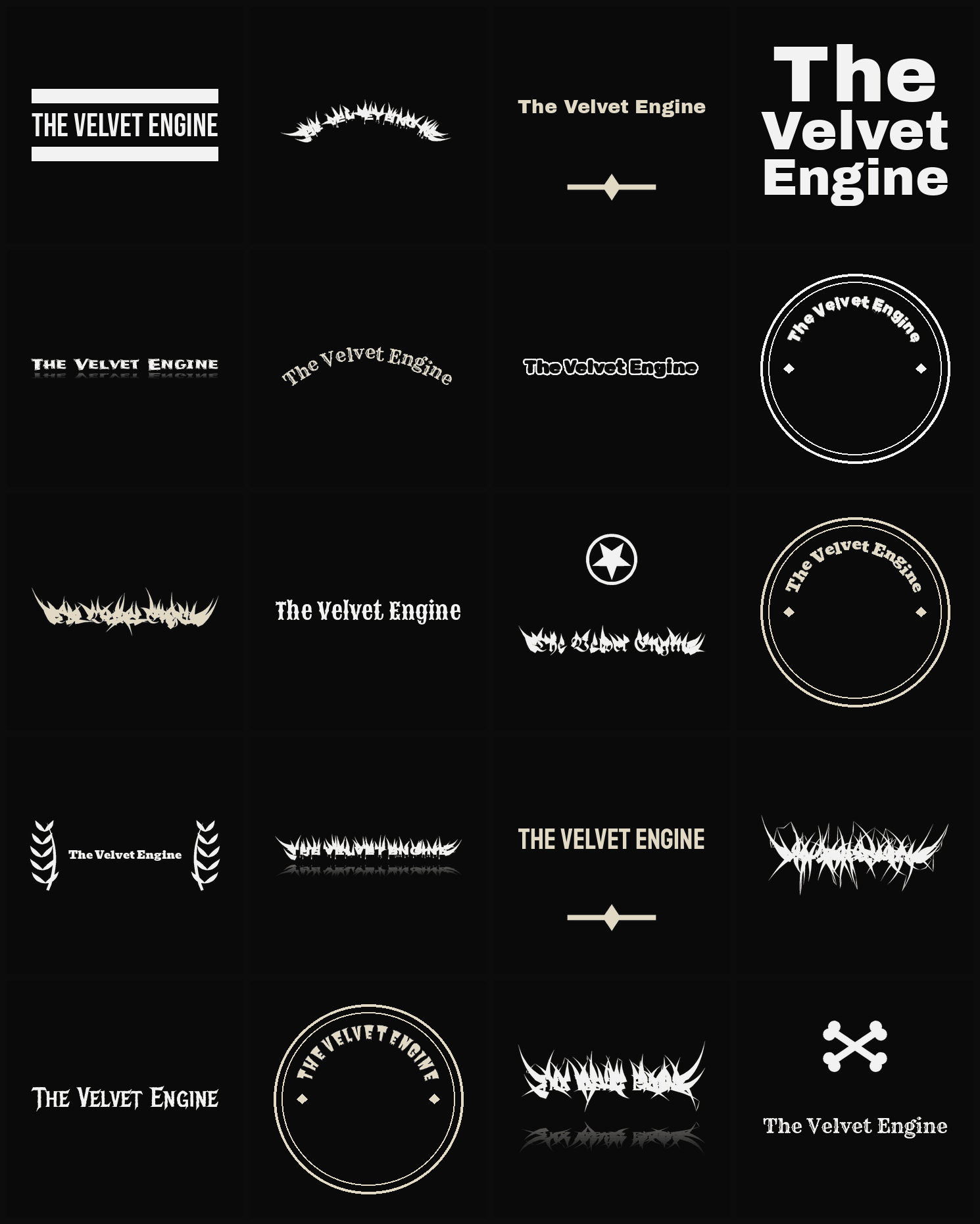 Twenty The Velvet Engine band logo ideas — different faces, treatments and spike settings