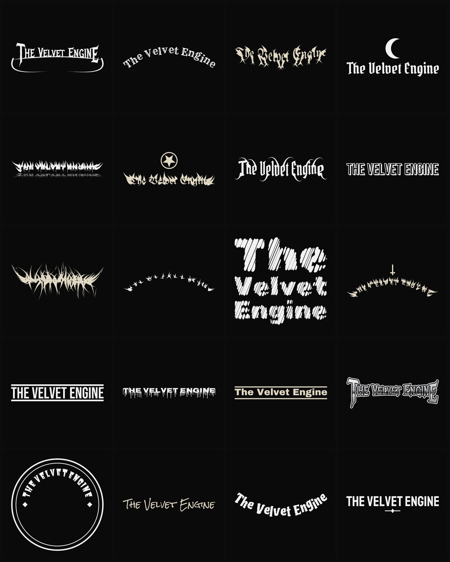 Twenty The Velvet Engine band logo ideas — different faces, treatments and spike settings