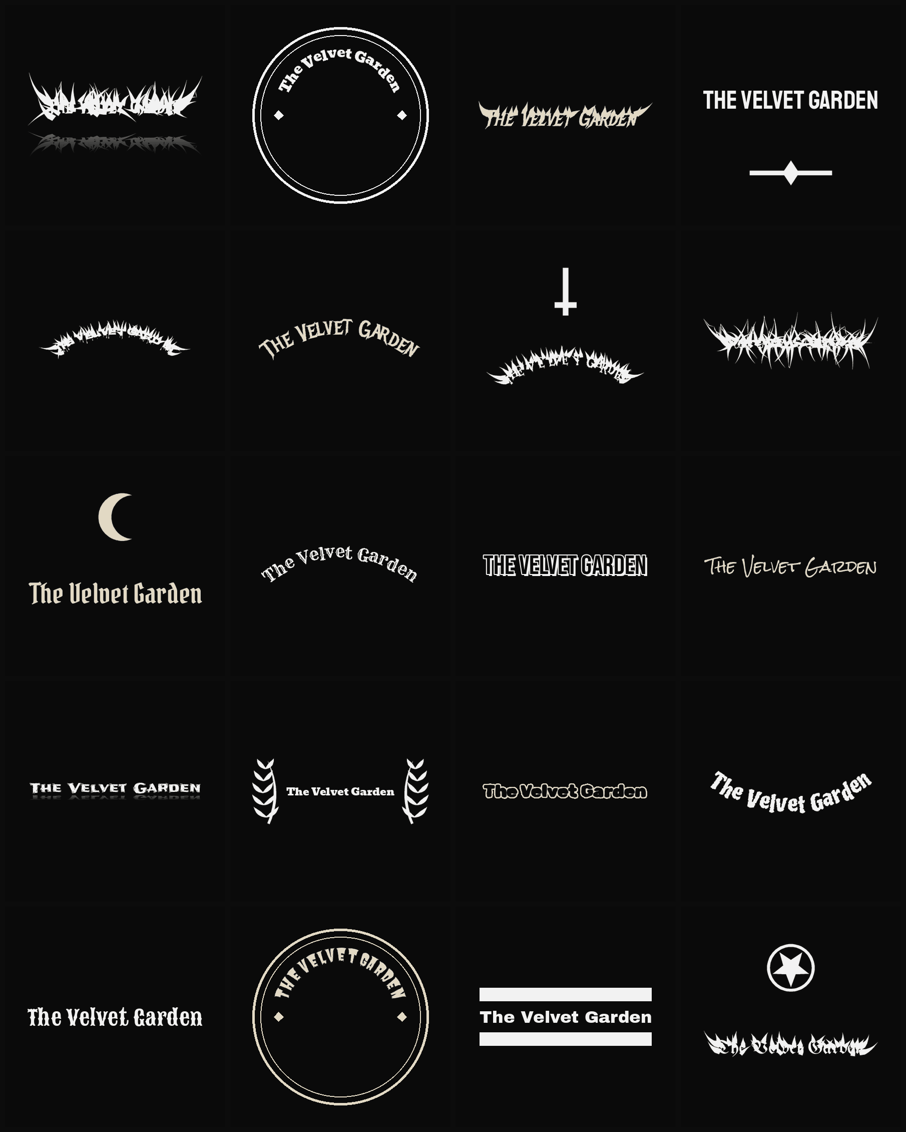 Twenty The Velvet Garden band logo ideas — different faces, treatments and spike settings