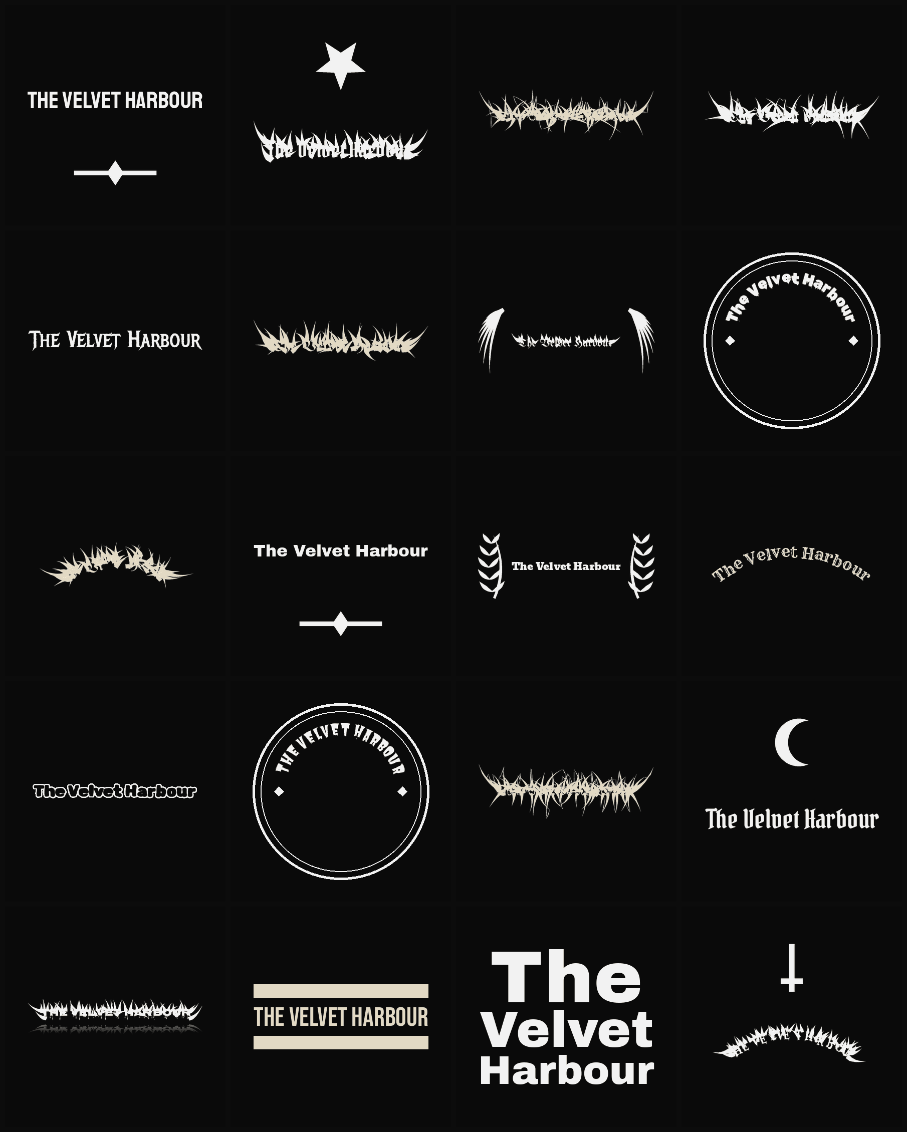Twenty The Velvet Harbour band logo ideas — different faces, treatments and spike settings