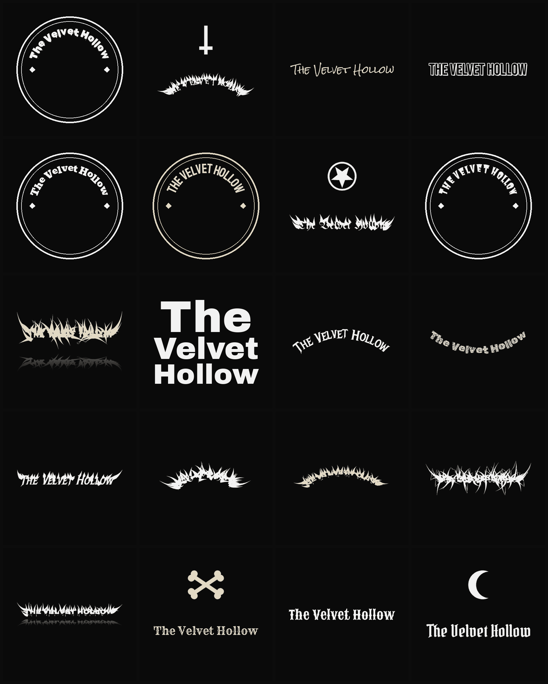 Twenty The Velvet Hollow band logo ideas — different faces, treatments and spike settings