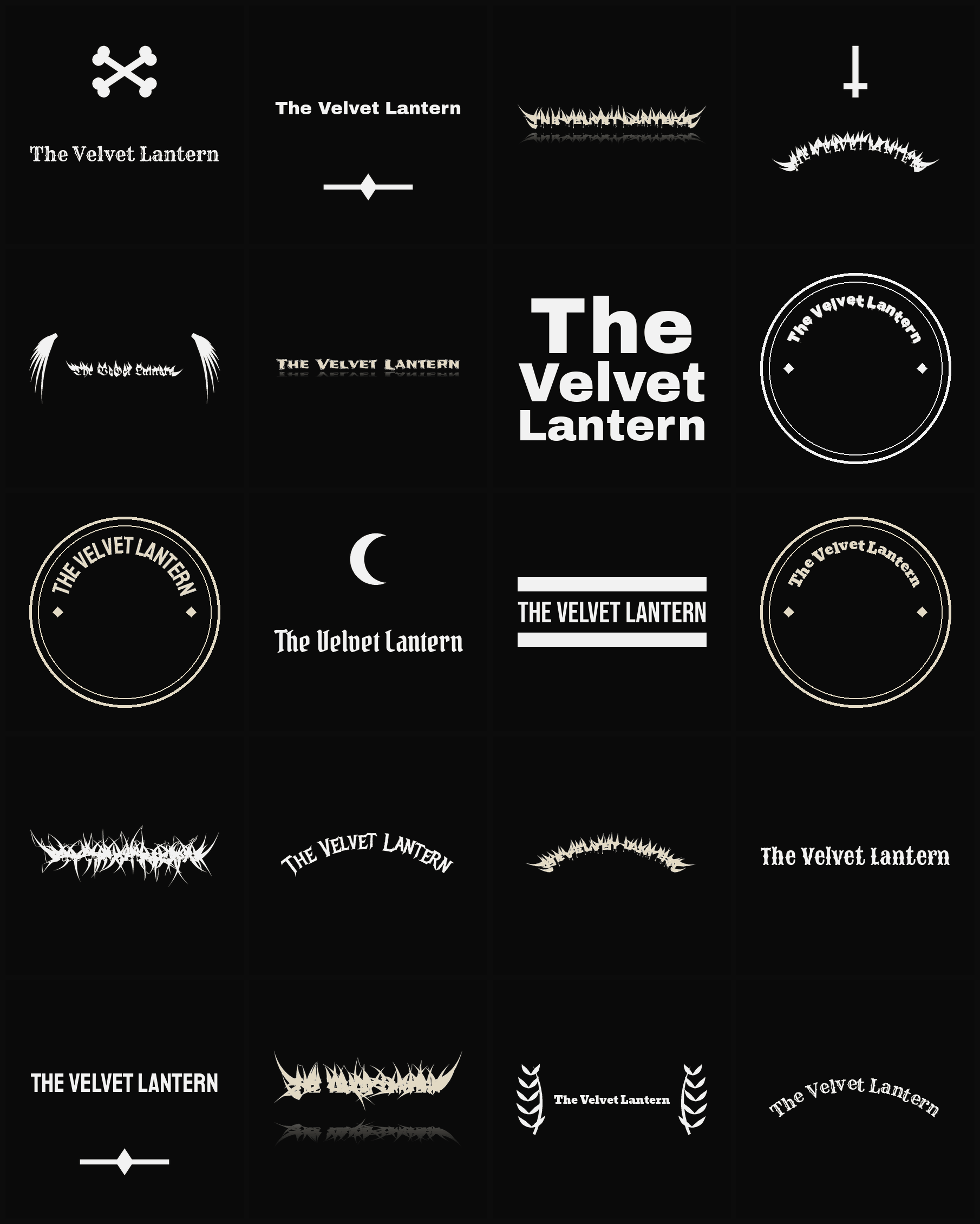 Twenty The Velvet Lantern band logo ideas — different faces, treatments and spike settings