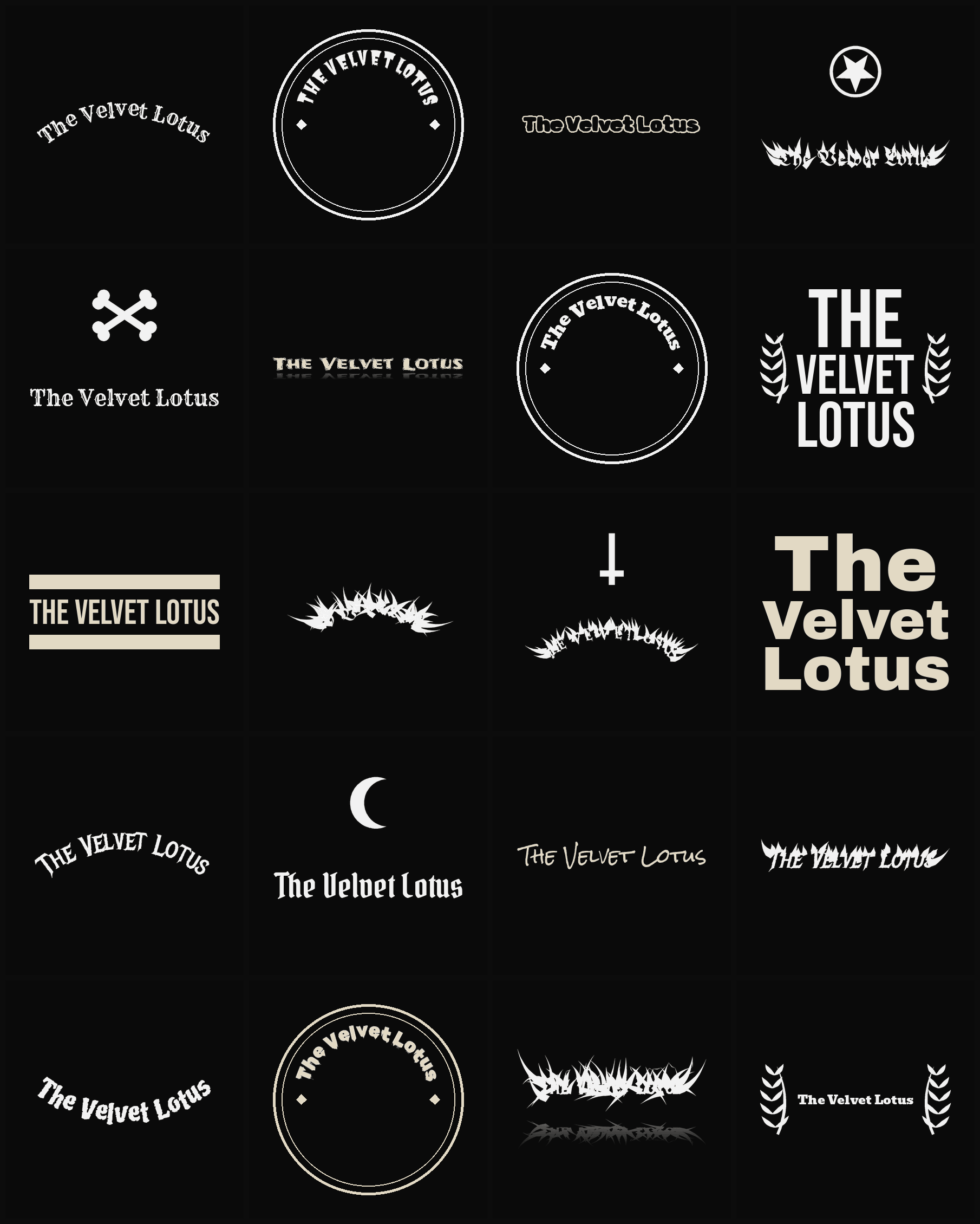 Twenty The Velvet Lotus band logo ideas — different faces, treatments and spike settings
