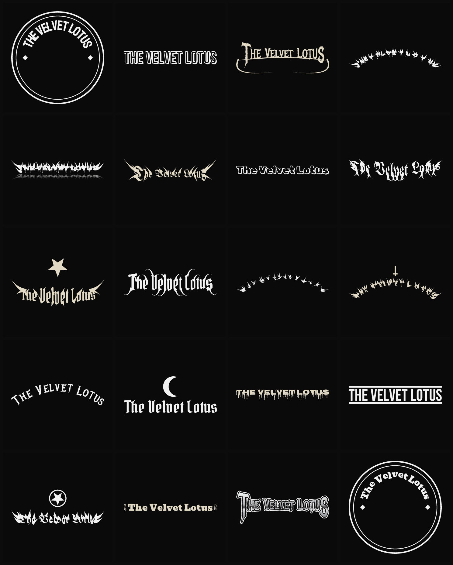 Twenty The Velvet Lotus band logo ideas — different faces, treatments and spike settings