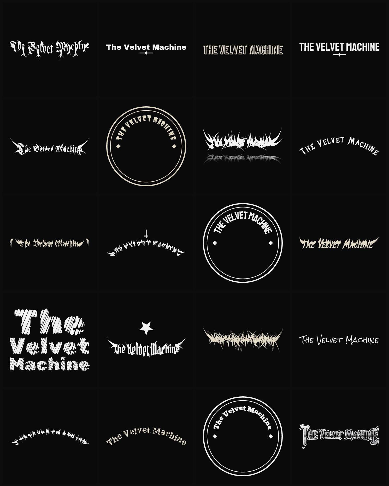 Twenty The Velvet Machine band logo ideas — different faces, treatments and spike settings