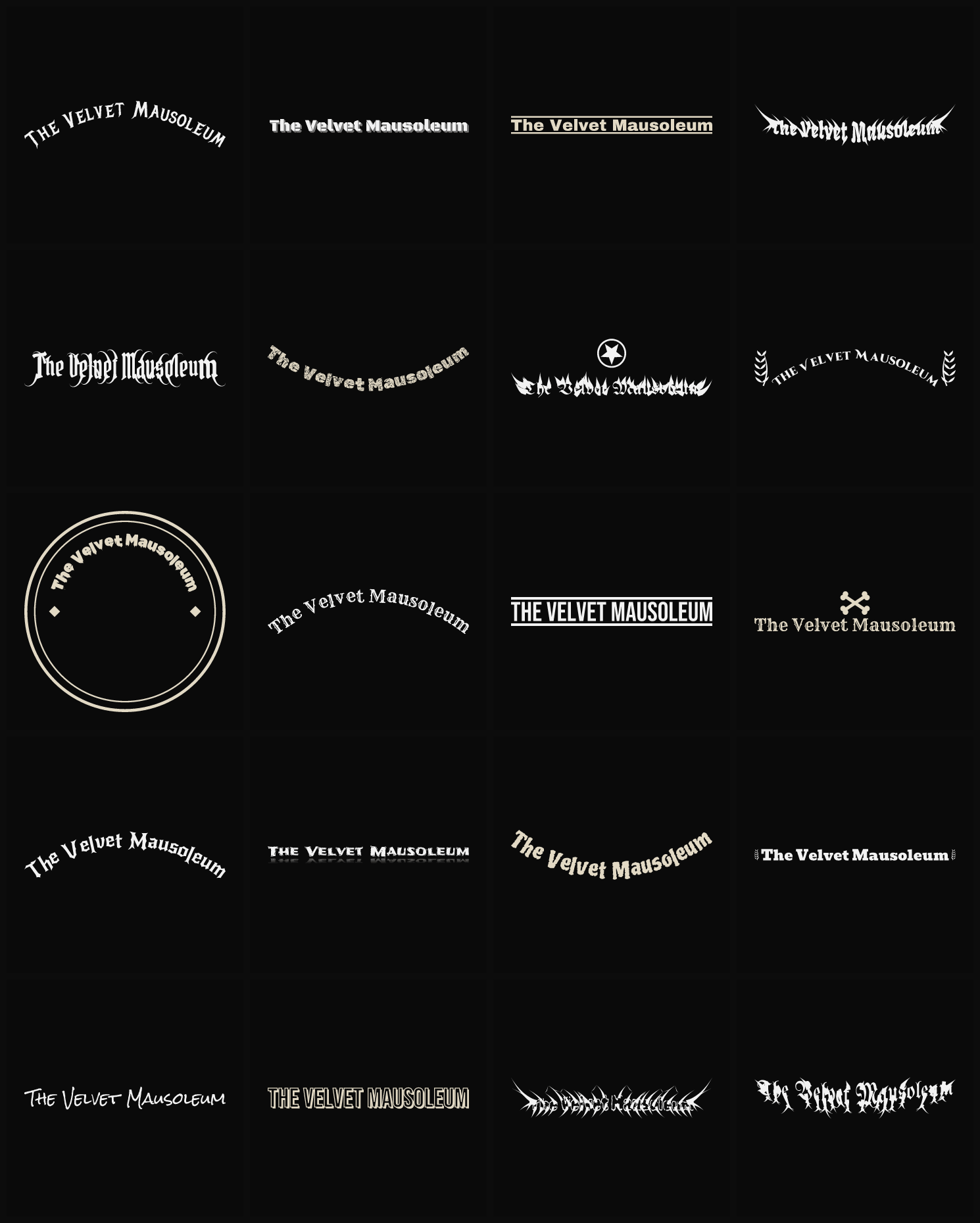 Twenty The Velvet Mausoleum band logo ideas — different faces, treatments and spike settings