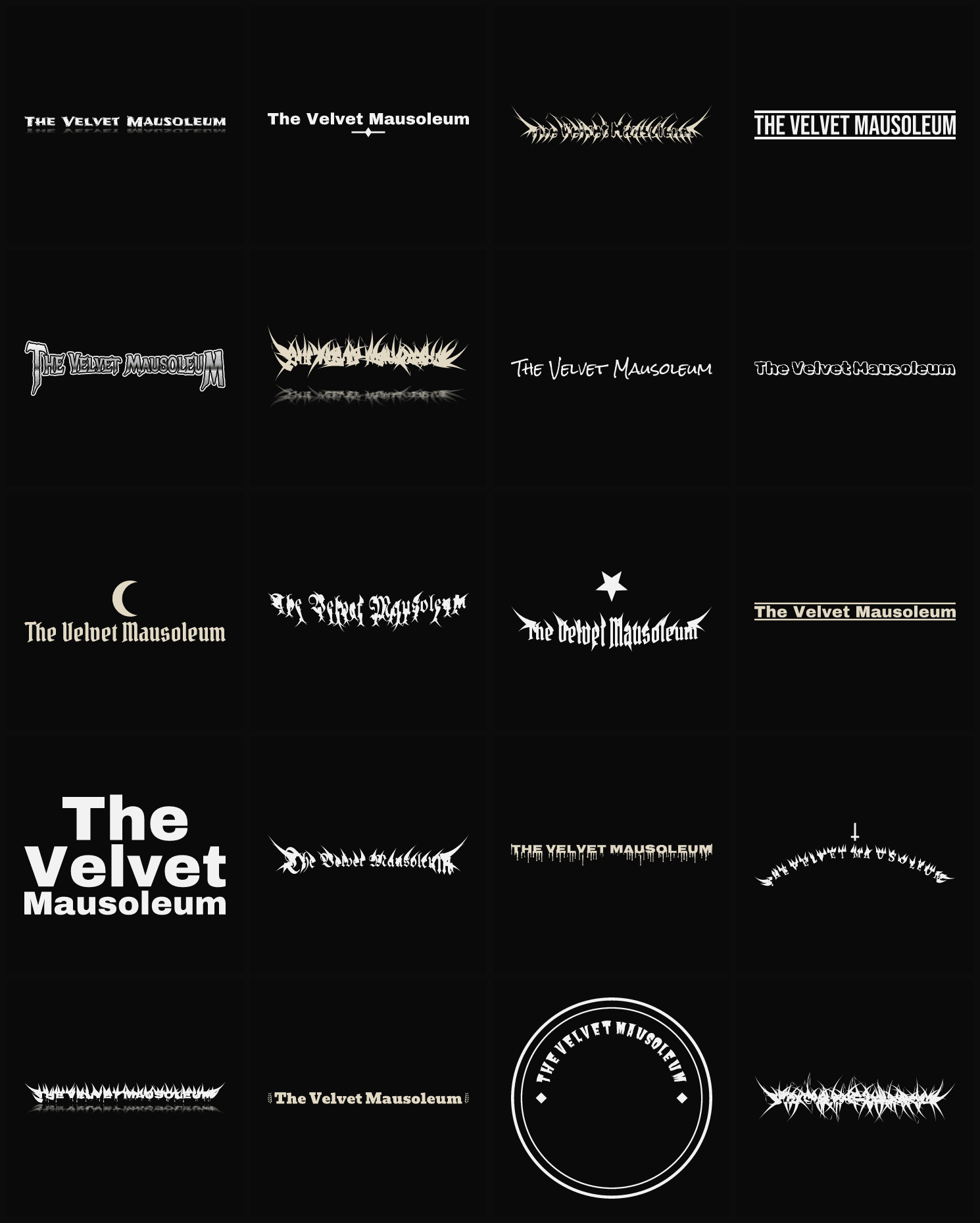 Twenty The Velvet Mausoleum band logo ideas — different faces, treatments and spike settings