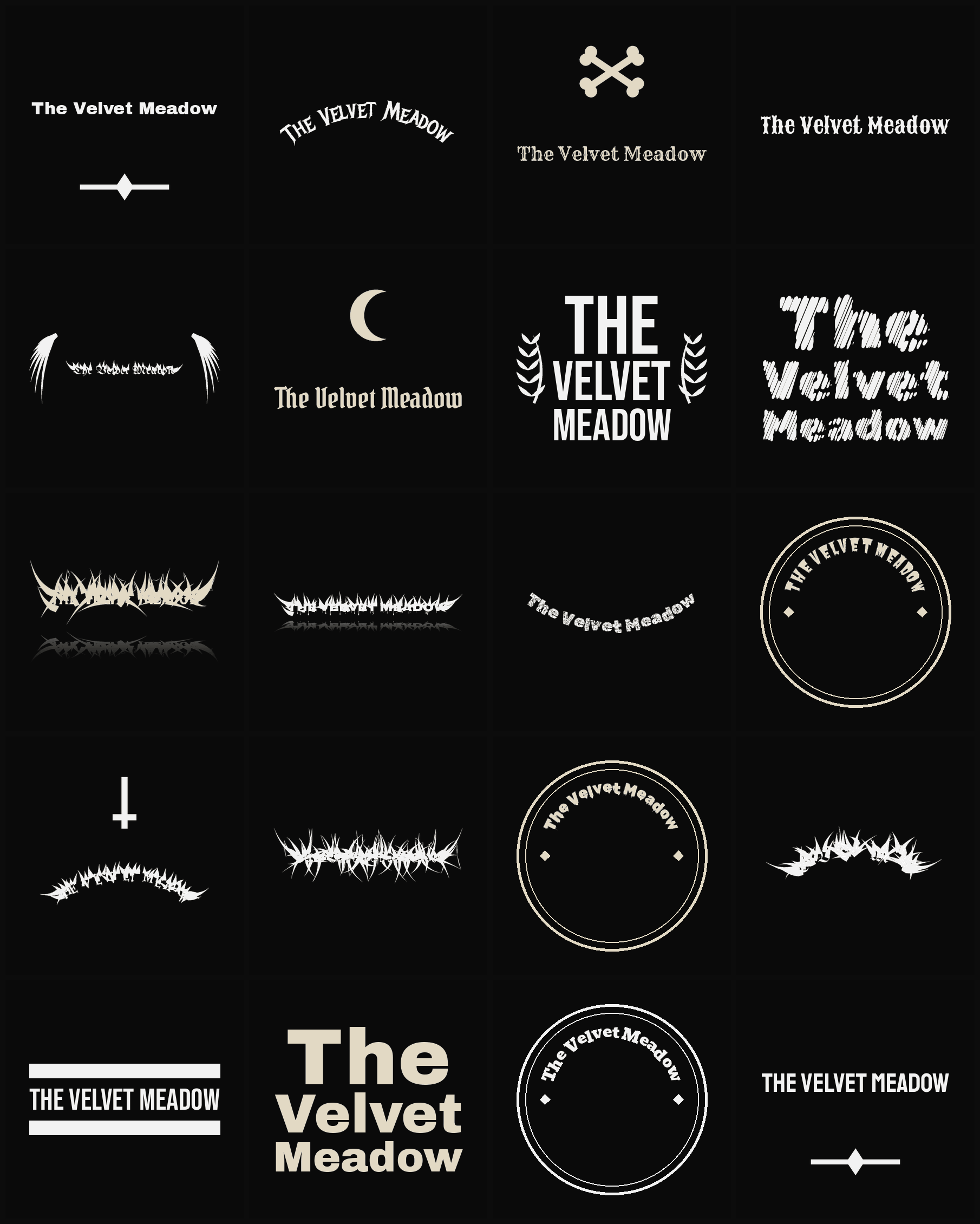 Twenty The Velvet Meadow band logo ideas — different faces, treatments and spike settings